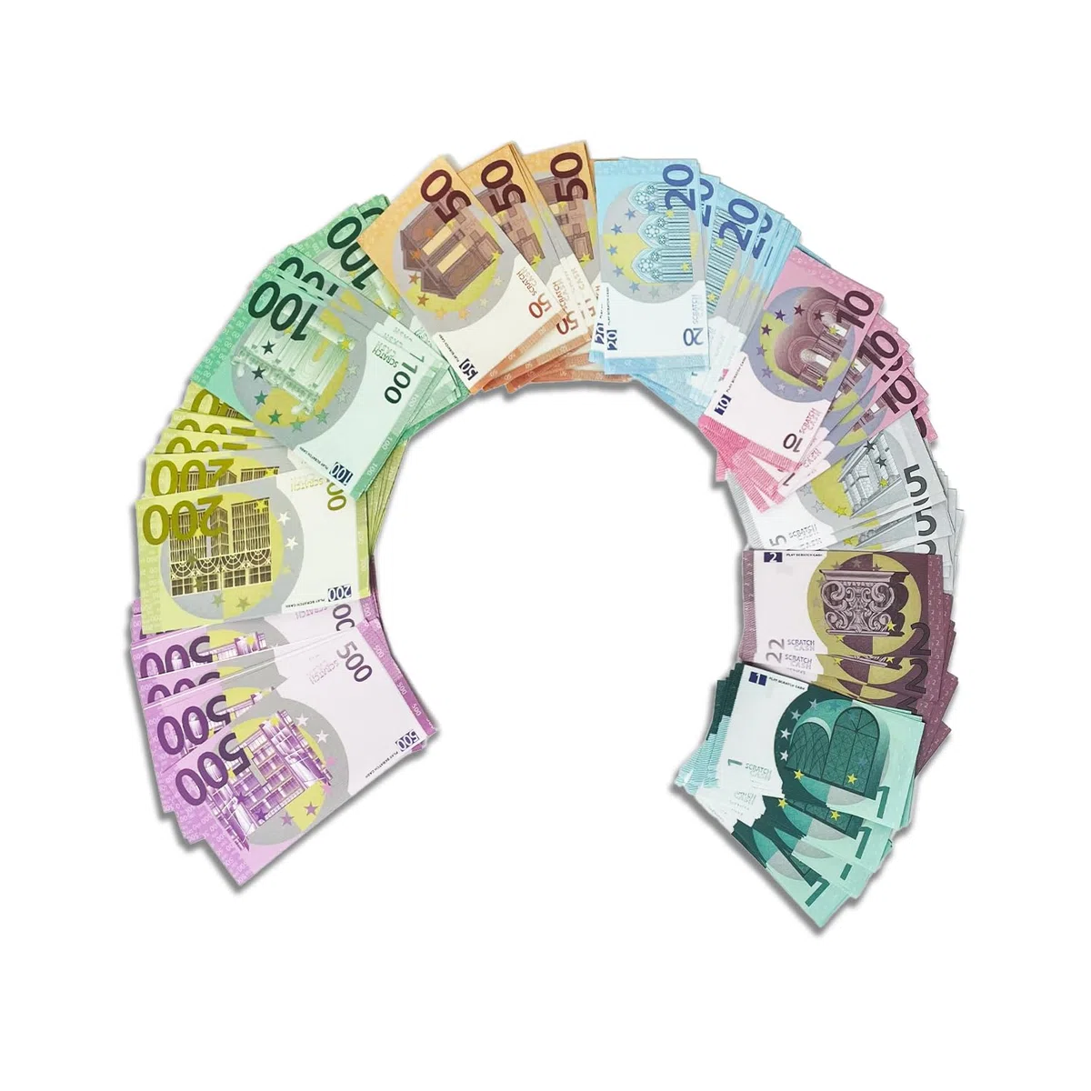 Scratch Cash Mini Bundle Plus 225 Banconote Finte 25 x 1, 2, 5, 10, 20, 50, 100, 200, 500 Euro, Fac-Simile Euro, Dimensioni Reali