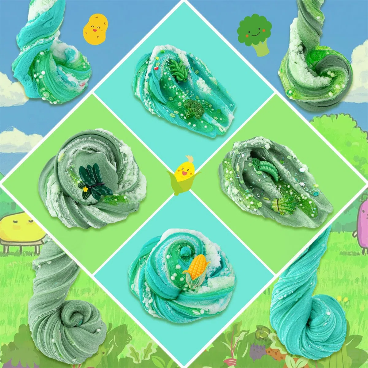 Kit di 6 confezioni di slime verde sfumato – Cloud Butter Clear & Crunchy Slimes per bambini con vari componenti aggiuntivi, bomboniere non appiccicose per ragazzi e ragazze