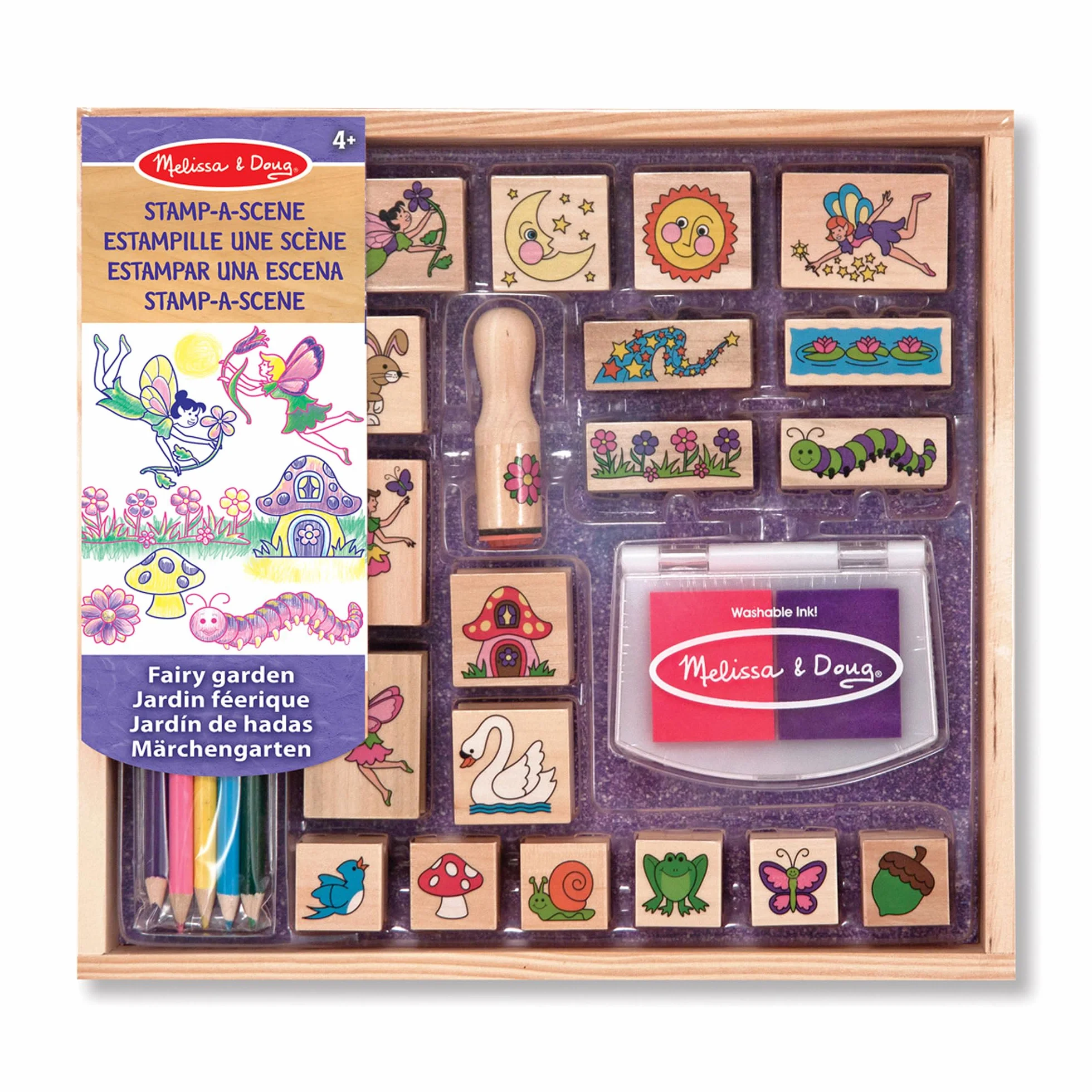 Melissa & Doug Timbri Creativi Giardino delle Fate – Set in Legno con 9 Timbri, Inchiostro Lavabile a Due Colori e Matite Colorate, Lavoretti Manuali, Regalo per Bambini e Bambine, 4+ Anni