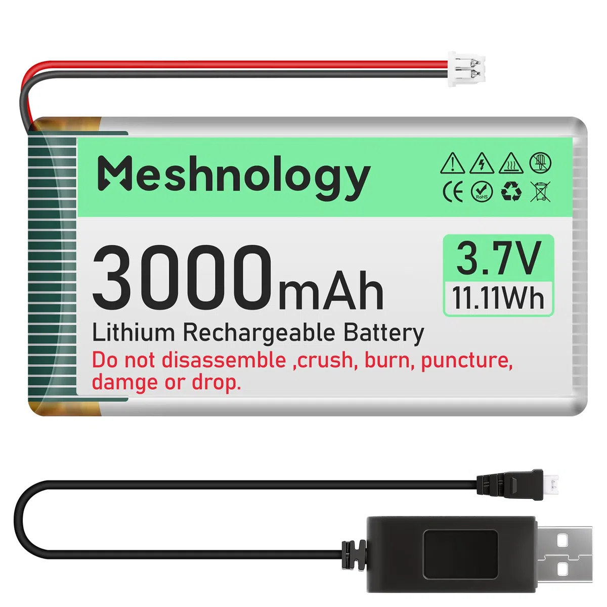 Batteria Li da 3,7 V 3000 mAh con cavo di ricarica USB 103665 1S batteria LiPo con bordo di protezione nastro in gomma isolato e spina micro JST 1.25 per Arduino ESP32 scheda modulo Drone