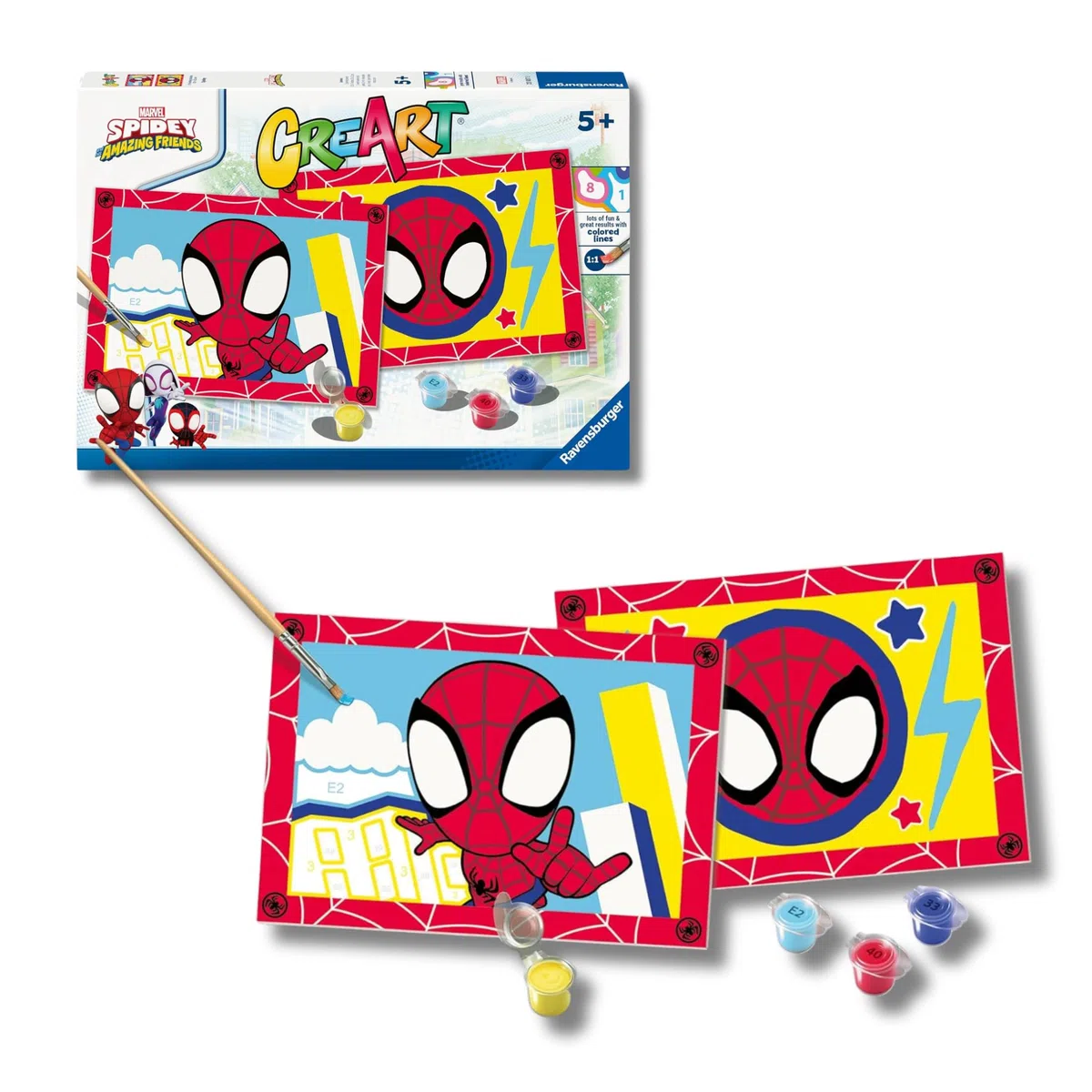Ravensburger CreArt 5 Anni Junior: Spidey – Dipingere con i Numeri per Bambini 5+ Anni, Kit Pittura con 2 Tavole, Pennello Ergonomico e Colori Inclusi, 32 x 22 cm, Idee Regalo per Bambini 5 Anni