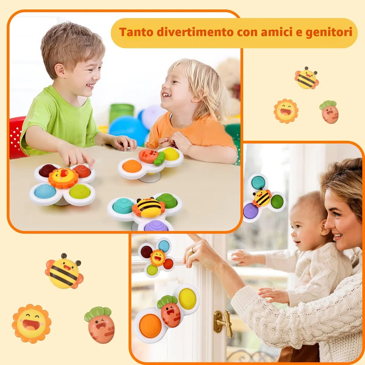 3 pezzi giocattolo a ventosa, giocattolo sensoriale bambino 1 anno ciotola da tavolo giocattolo trotola bambini giocattoli da bagno regali (Smiley)