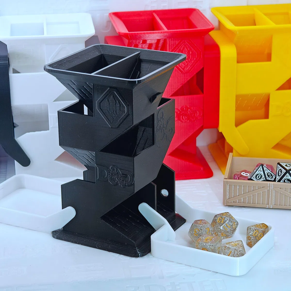 Torre di dadi pieghevole con doppio vassoio, portatile, stampa 3D, torre pieghevole per dadi DND per draghi e dungeon, giochi di ruolo da tavolo, giallo