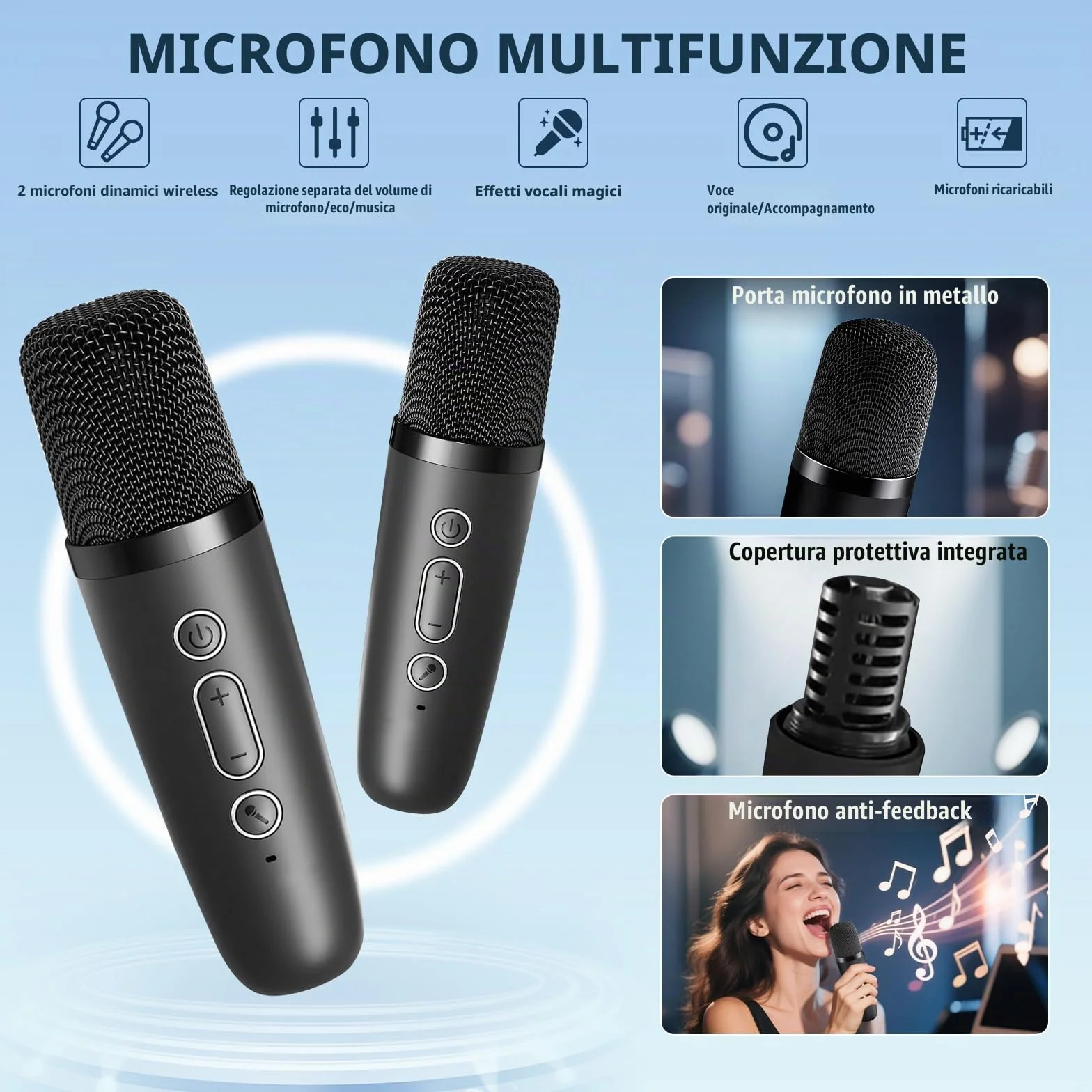 Karaoke Bambini con 2 Microfoni, Microfono Karaoke per Bambini e Adulti con Luce LED, Macchina Karaoke Portatile con Effetti di Cambio Voce, Regali per bambini da 3 a 12 anni