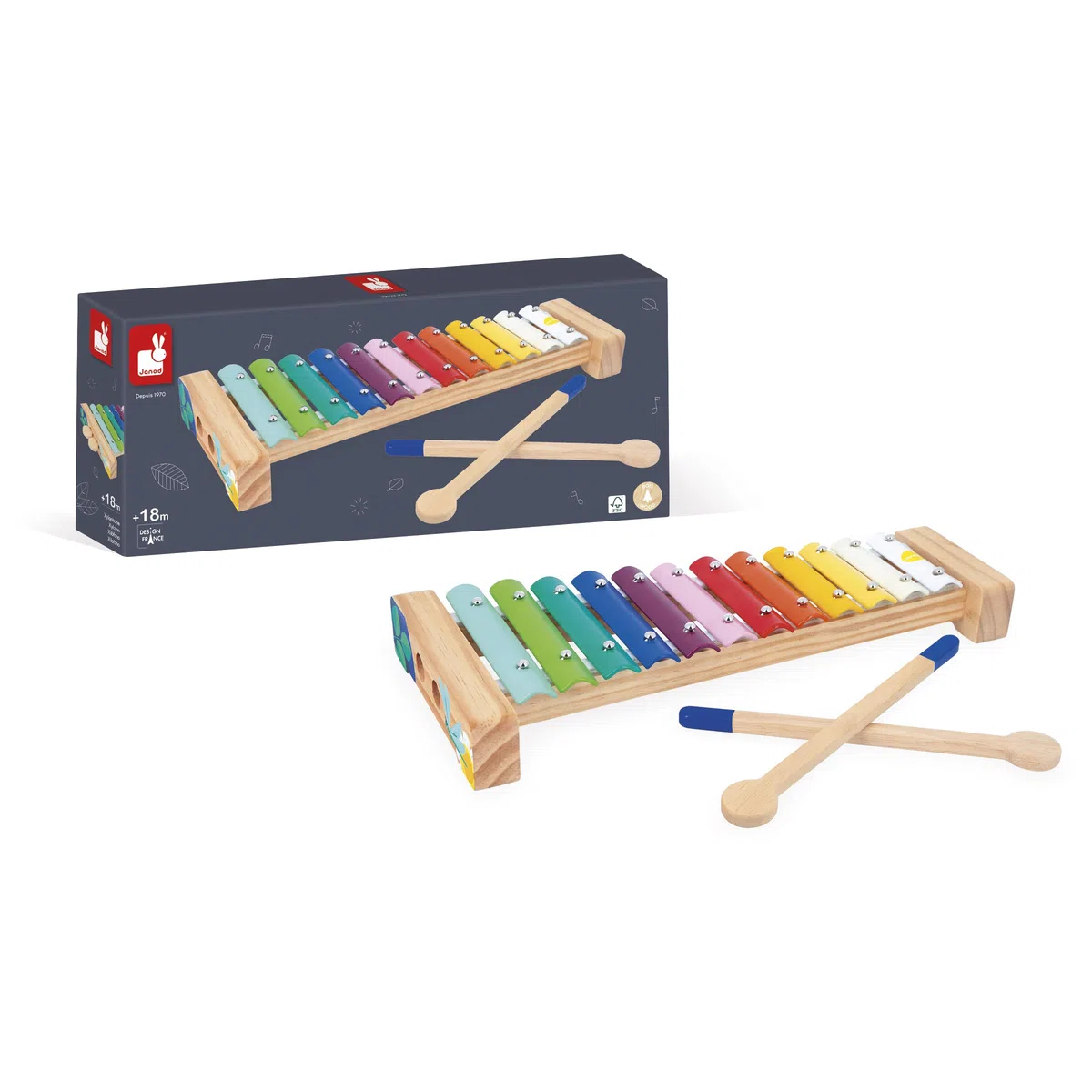 Janod Xilofono in Legno e Metallo, Strumento Musicale per Bambini, 12 Tasti e 2 Bacchette Incluse, Imitazione Musicale, Colori ad Acqua, da 18 Mesi, J07663