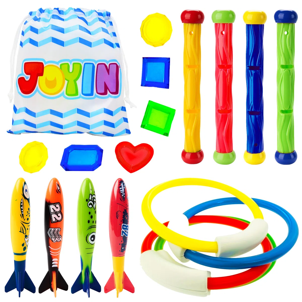 JOYIN 18 Pezzi Piscina Immersione Giocattolo Anelli di Nuoto Bastoncini da Immersione e Banditi Toypedo con Set Regalo Tesori Subacquei Giochi da Immersione Sott'Acqua