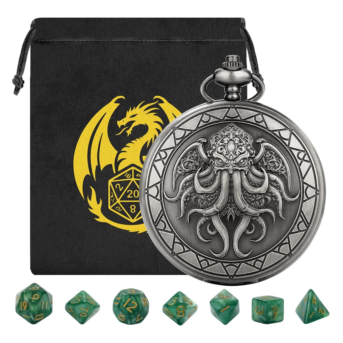 Polpo con ali, grande cassa per orologio da taschino, set di 7 dadi poliedrici in acrilico poliedrico, sacchetto regalo DND con logo del drago, accessori per giochi di ruolo, argento scuro + verde