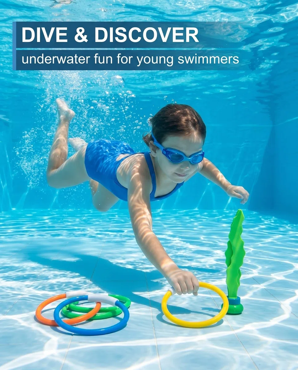 7 Pezzi Giocattoli Subacquei: 4 Anelli e 3 Alghe per Bambini Colorati, Ideali per Allenamento Nuoto, Giochi Piscina Estivi e Divertimento Acquatico Sicuro e Resistente