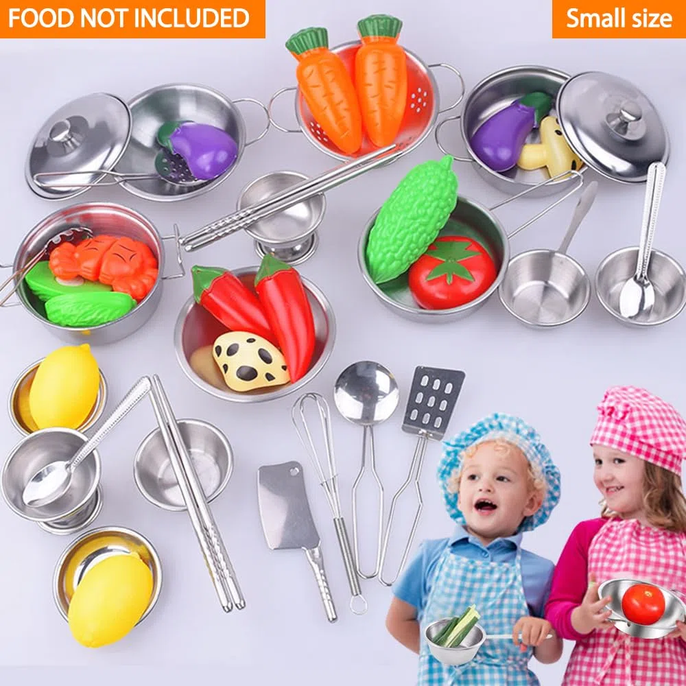 Set di 25 accessori per giocattoli da cucina per bambini, in acciaio inox, pentole e padelle per bambini, mini set da cucina classico, ottimo regalo per ragazze e ragazzi