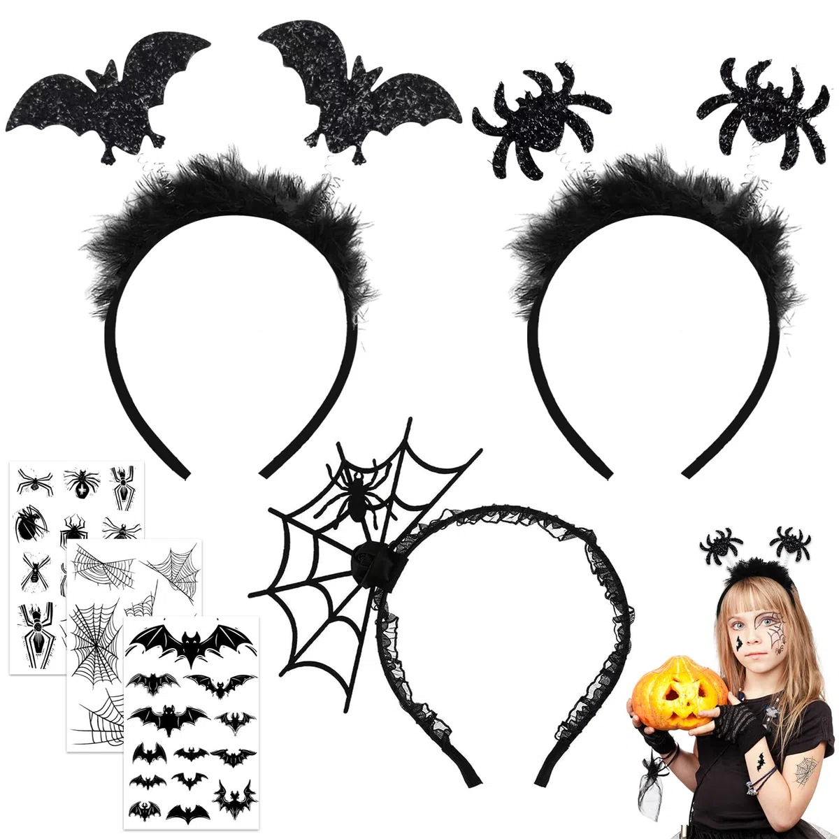 Capelli per Halloween, Fasce per Halloween + Tatuaggi Temporanei- Ragnatela Horror Cosplay Accessori