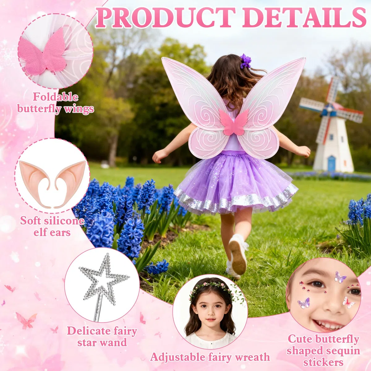 Ali da fata, ragazze Fairy Wings Costume,5 pezzi ali di farfalla con orecchie da elfo delle Fate Bacchetta Magica adesivi, Ali da Fata per Bambini per Halloween Carnevale Festa a Tema（Rosa）