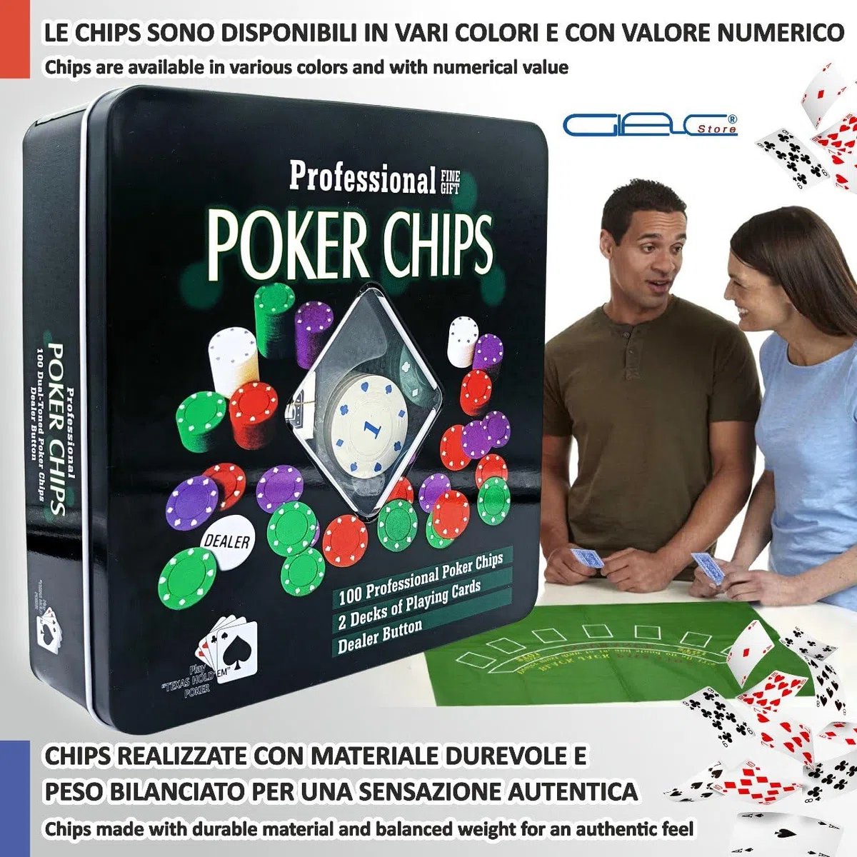 Set da Poker con Scatola in Metallo, 100 Fiches, 2 Mazzi di Carte, Fiches Dealer