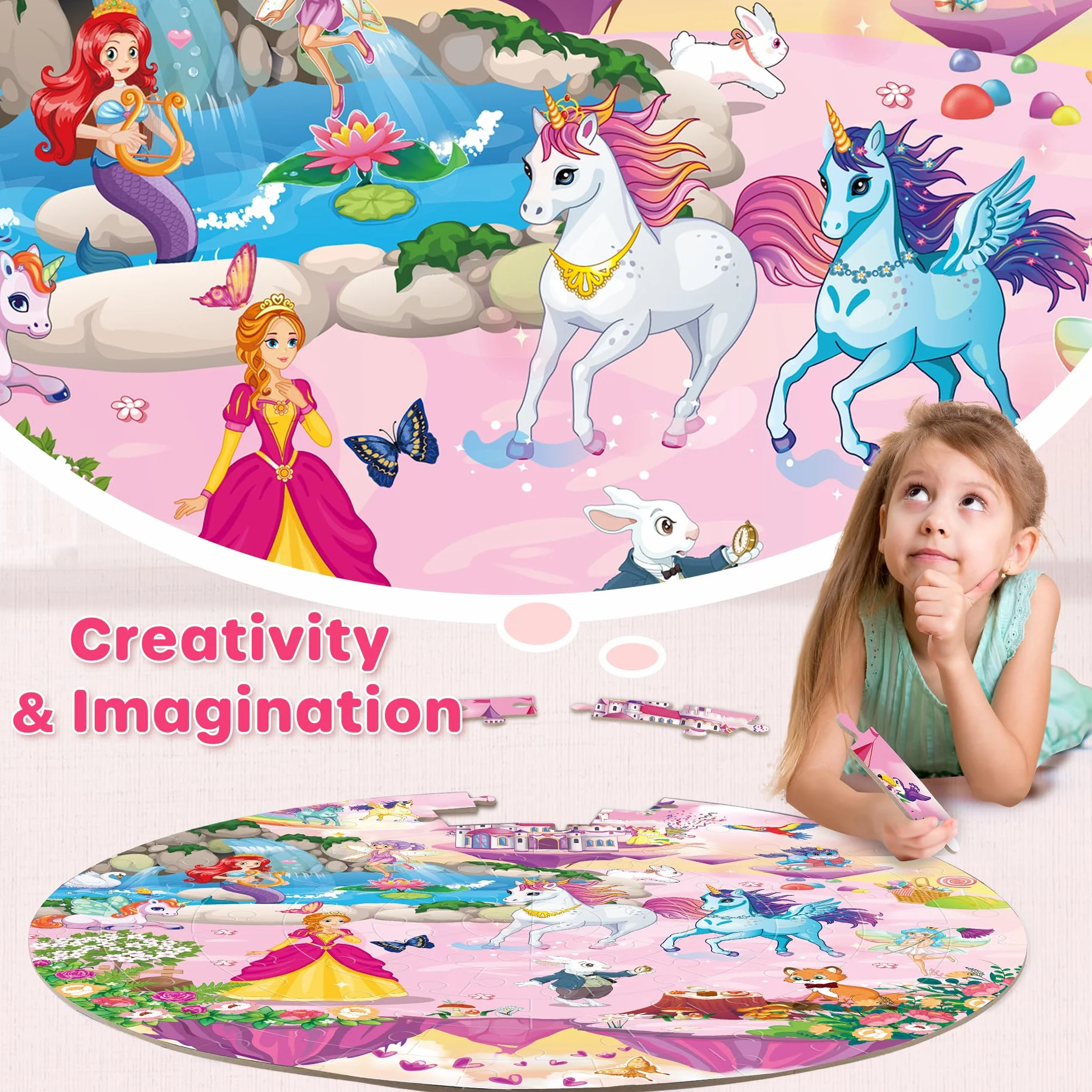 SYNARRY Puzzle da Pavimento Unicorno Princess in Legno Bambini 3 4 5 6 7 8 Anni, 70 Pezzi Puzzle Unicorno, Giocattoli Educativi Prescolari Regali