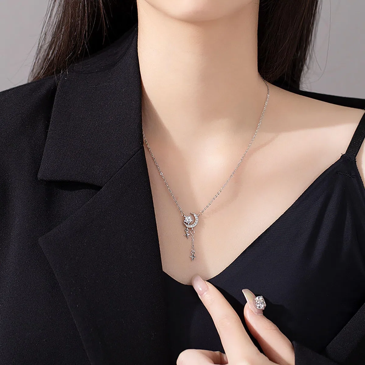 Collana Donna Ciondolo Luna e Stelle Collana in Argento 925 per Donna Bambina Ragazza Pendente Luna Crescente Zirconi Pendente Stella Cristalli Brillantini Gioielli