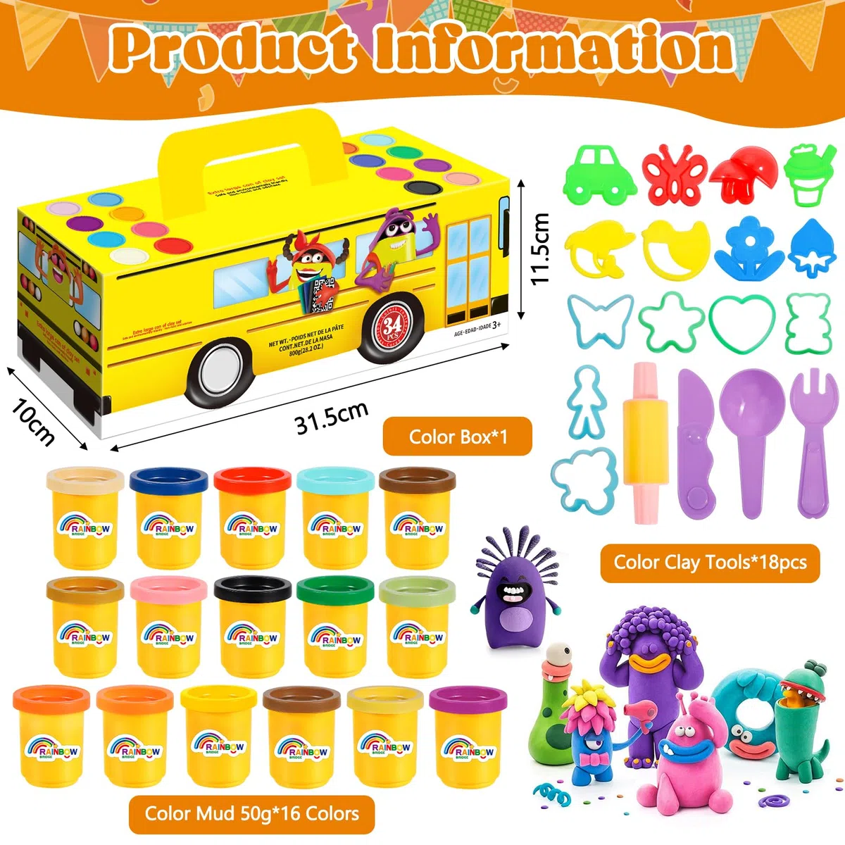 Plastilina per Bambini, 16 Vasetti di Pasta Modellabile, Set di Plastilina Creativa con 18 Strumenti, Giochi per Bambini e Bambine da 3 Anni