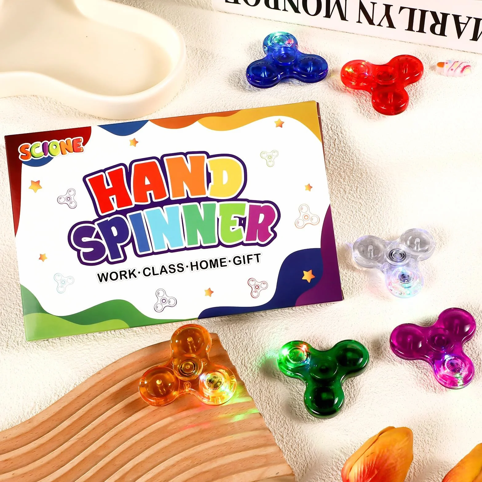 SCIONE Confezione da 6 Fidget Spinner LED per Bambini - Trottole Girevoli con Luci Multicolore, Giocattoli Anti-Stress per Bambini e Bambine, 5.69cm