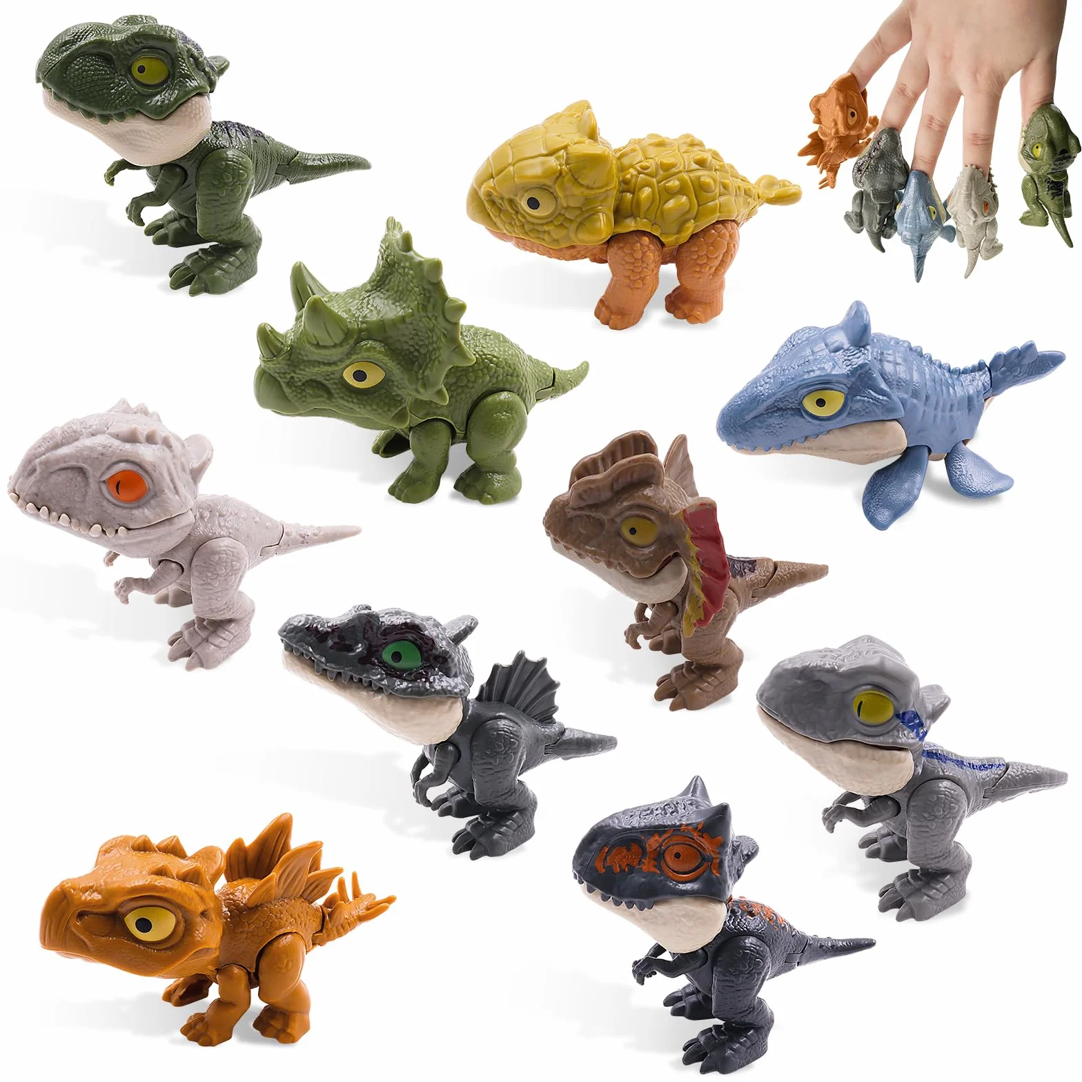 Mini Dinosauro Set ABS per Dita, Morso Dino per Bambini, Ragazzi e Ragazze - 10 Pezzi in Colori Misti