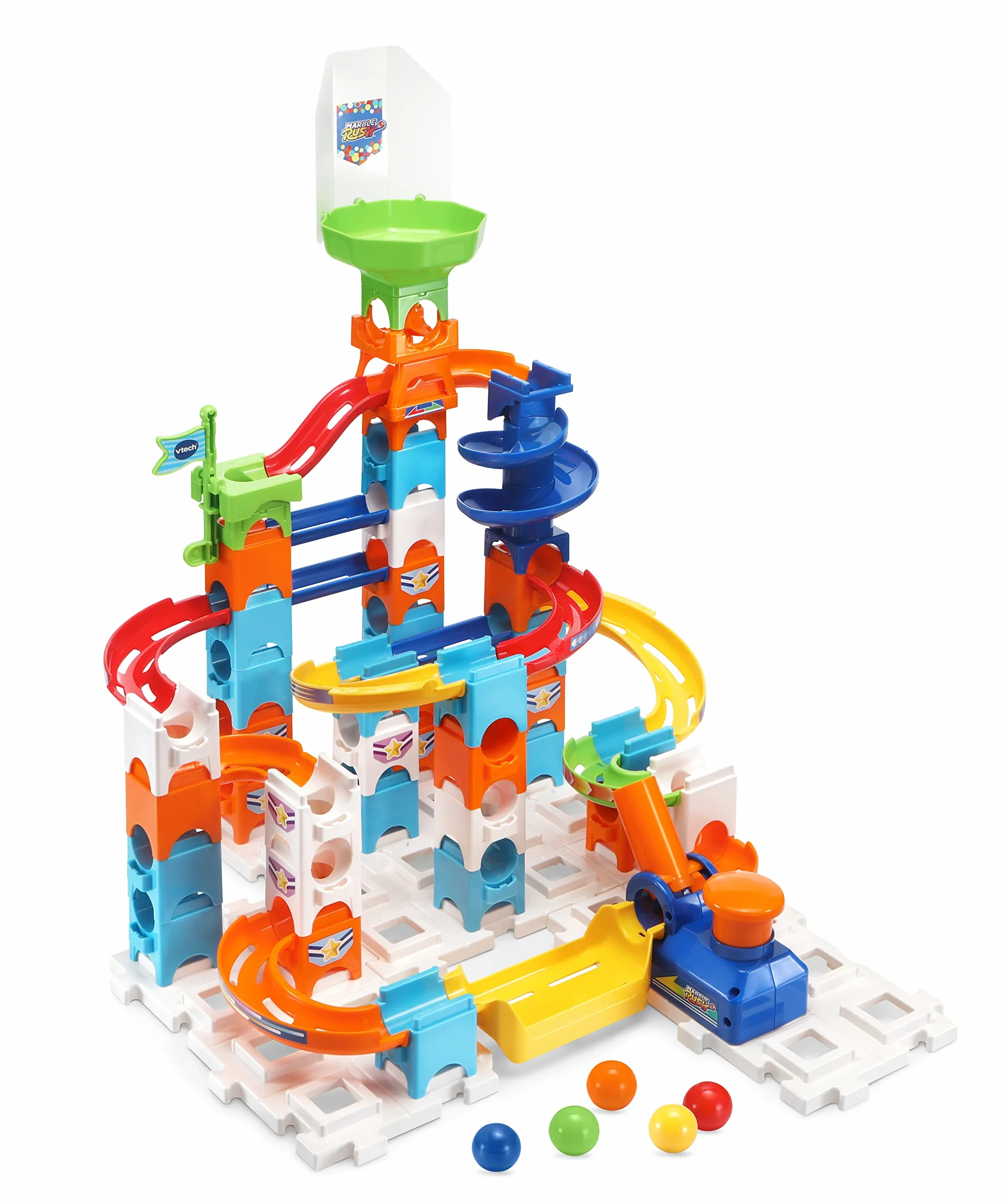 VTech Marble Rush - Adventure Set, Pista per Biglie con 62 Pezzi, 5 MarbleBiglie Incluse, Lanciatore e Area di Lancio, Molti Passaggi Segreti e Bivi, Tante Combinazioni, Batterie Incluse, 4+ Anni