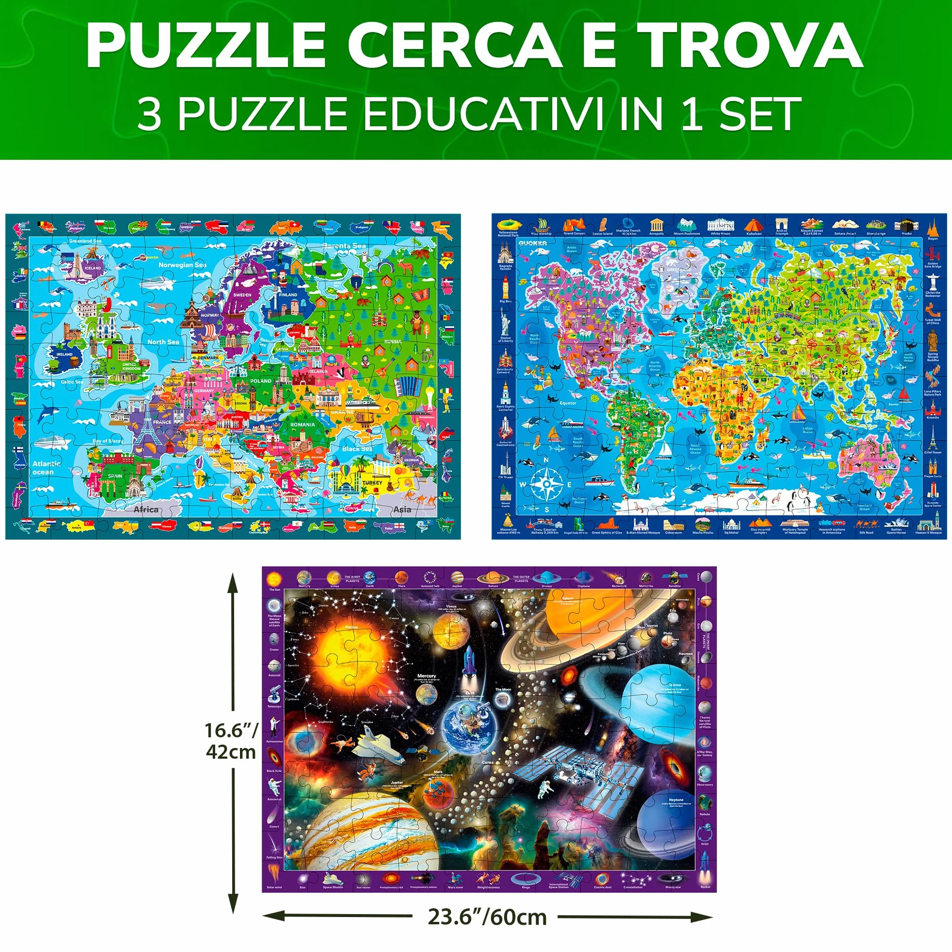 QUOKKA Puzzle 100 Pezzi Bambini 4 5 6 Anni – Set di 3 Puzzle Mappamondo Bambini 6 7 Anni – Gioco Educativo con Spazio Europa e Mappa del Mondo – Giocattolo Regalo per Ragazzi e Ragazze dai 4 ai 9