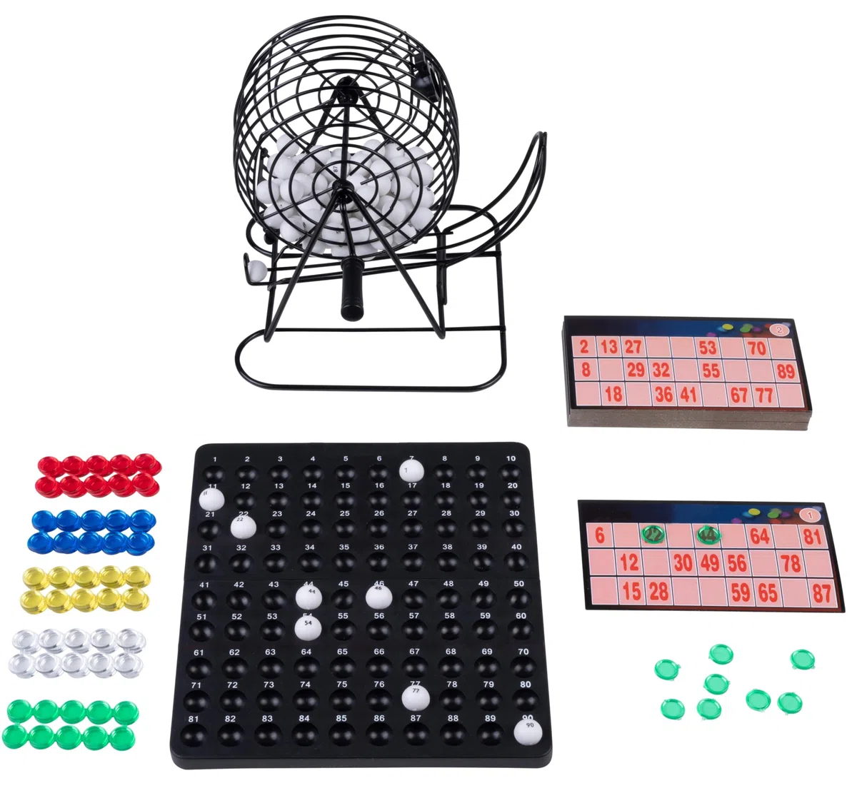 Engelhart - 360565 - Bingo/Lotteria con 90 Palline e Mescolatore in Metallo da 13,5 cm di Diametro – Include Segnalini, Regole, Cartelle Riutilizzabili e 150 Segnalini – Gioco Familiare