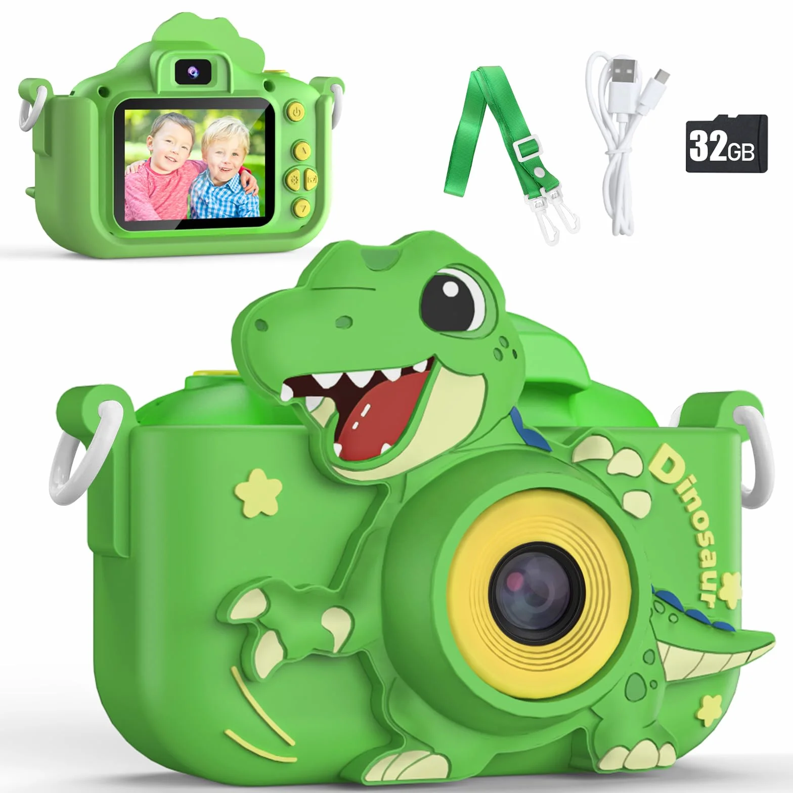 Macchina Fotografica Bambini 3-12 Anni, 48MP Digitale Fotocamera Bambini con Scheda 32 GB, Gioco Regali Natale & Compleanno per Bambino Bambina 3 4 5 6 7 8 9 10 Anni, Cappuccio di Dinosauro (Verde)