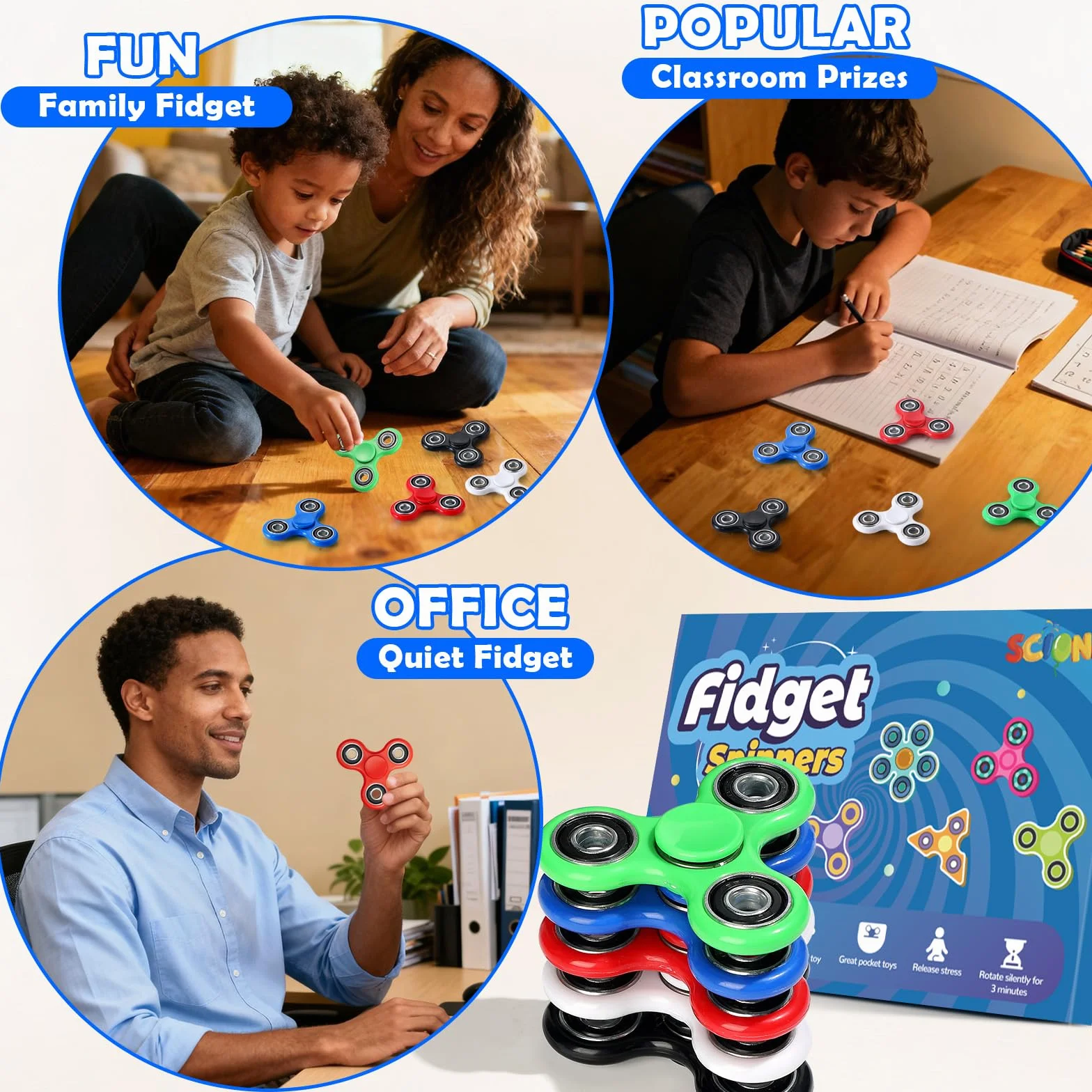 SCIONE Fidget Spinner 5 Pezzi - Giocattoli Anti-Stress per Bambini e Adulti, Rotazione Fluida Compleanni - Gioca in Ufficio, Scuola o Casa - ADHD, Autismo, Ansia - Spinner Manuale