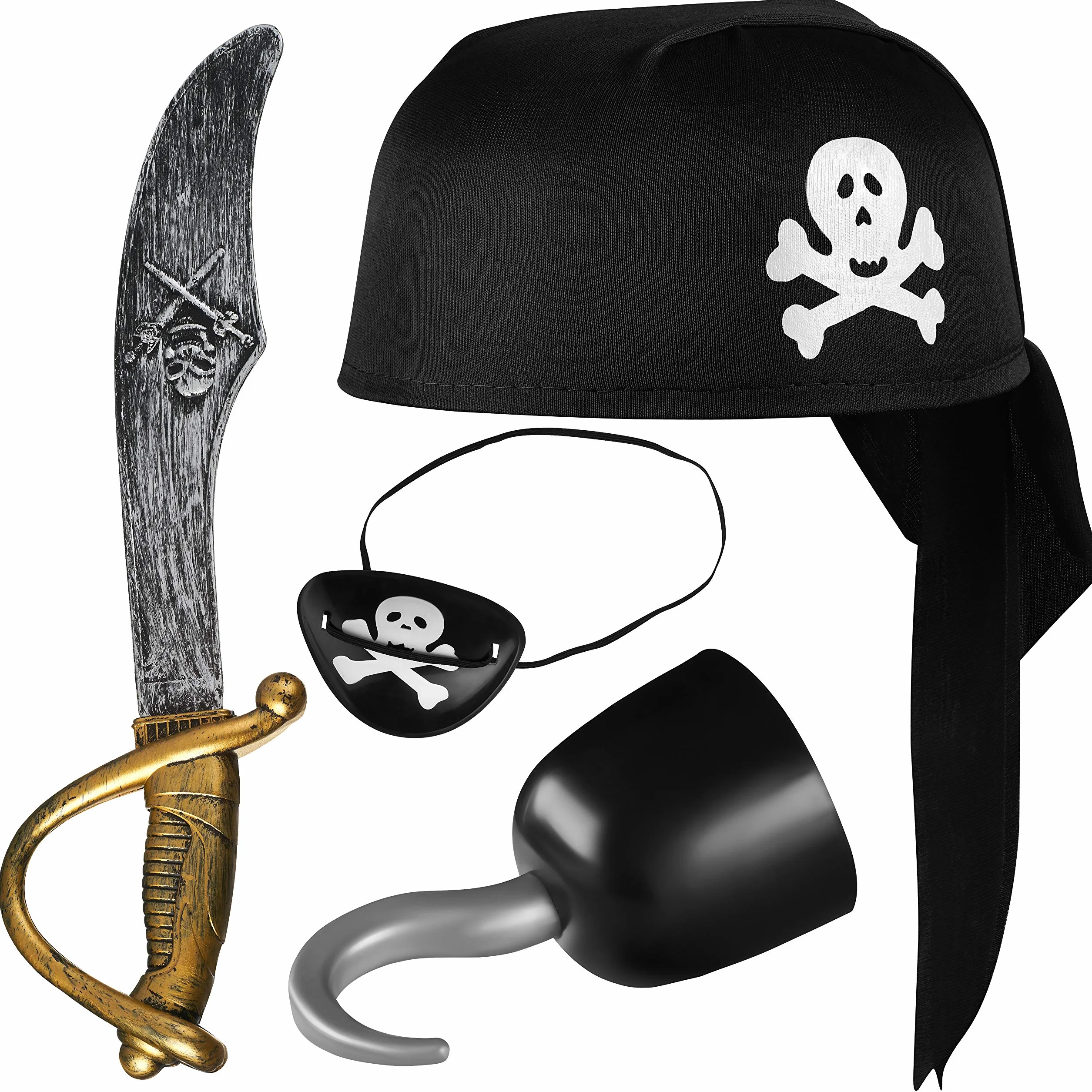 BALINCO Set da pirata 4 pezzi per bambini composto da cappello da pirata nero + sciabola + benda sull'occhio + gancio da pirata - set di costumi per carnevale