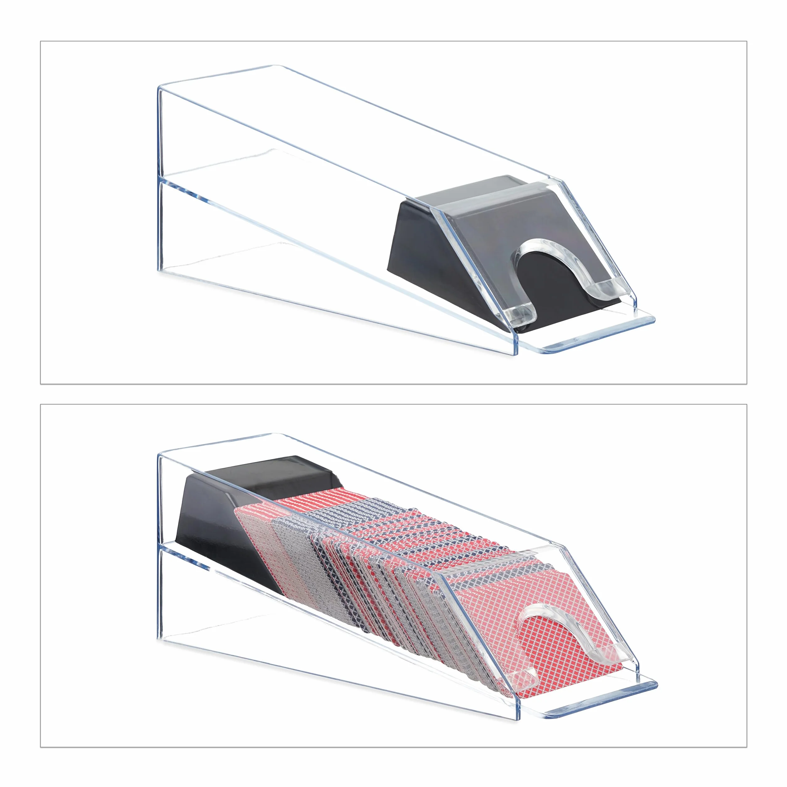 Relaxdays Distributore Carte da Gioco Dispenser 6 Mazzi Dealing Shoe Black Jack 10x10x29 cm Trasparente Nero