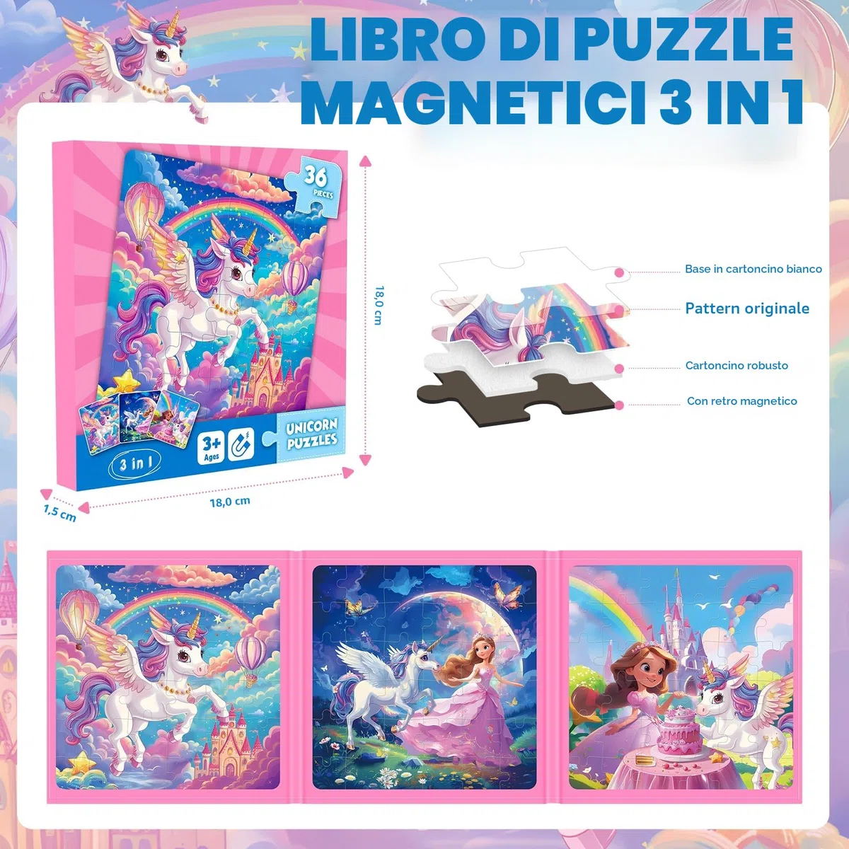 Unicorno Puzzle Magnetico Per Bambini,36pcs Puzzle Di Viaggio Per I Bambini Di Età 3-8,Ragazze Puzzle Bambini L'Intelligenza,Puzzle Per Bambini,Attività Aeroplaniche Per I Regali Di Compleanno
