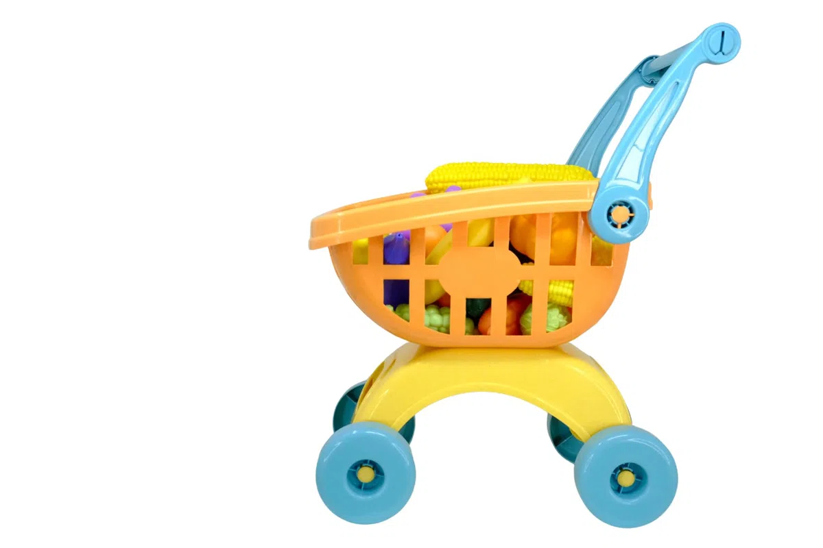 ODS - Maisonelle Bio, Carrellino della Spesa Giocattolo per Bambini, con Frutta, Verdure e Scatoline, Sostenibile in Bioplastica, 31,5x19x16 cm, Età Consigliata +2 Anni