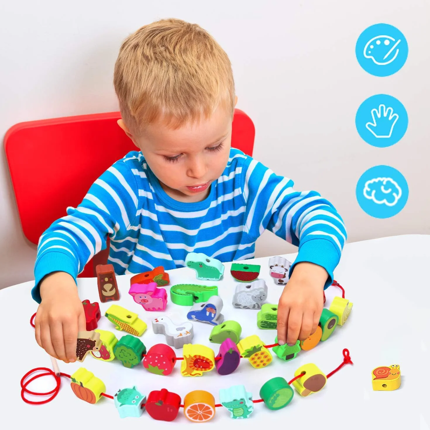 Giocattolo in Legno Fädelspiel Montessori Giocattolo Motorio 42 Pezzi Perline in Legno Frutta Animali Giochi Regalo per Ragazzi e Ragazze Giocattolo per Bambini a partire da 3 Anni