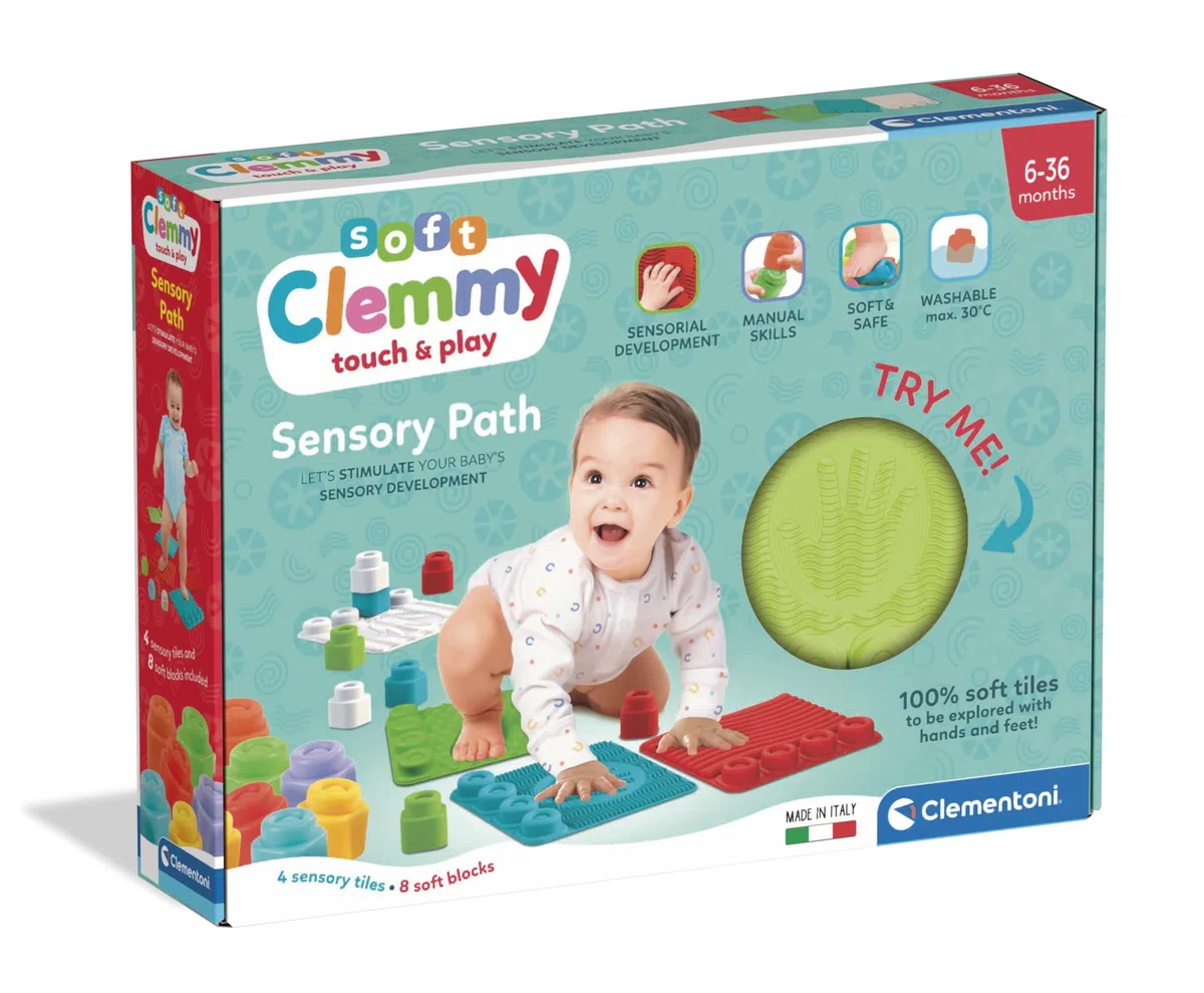 Clementoni Soft Clemmy - Touch & Play, Percorso Sensoriale, Tappeto Bambini 10-36 Mesi con Mattoncini 100% Lavabili, Gioco Prima Infanzia Made in Italy, per Sviluppare la Percezione Tattile, 17352