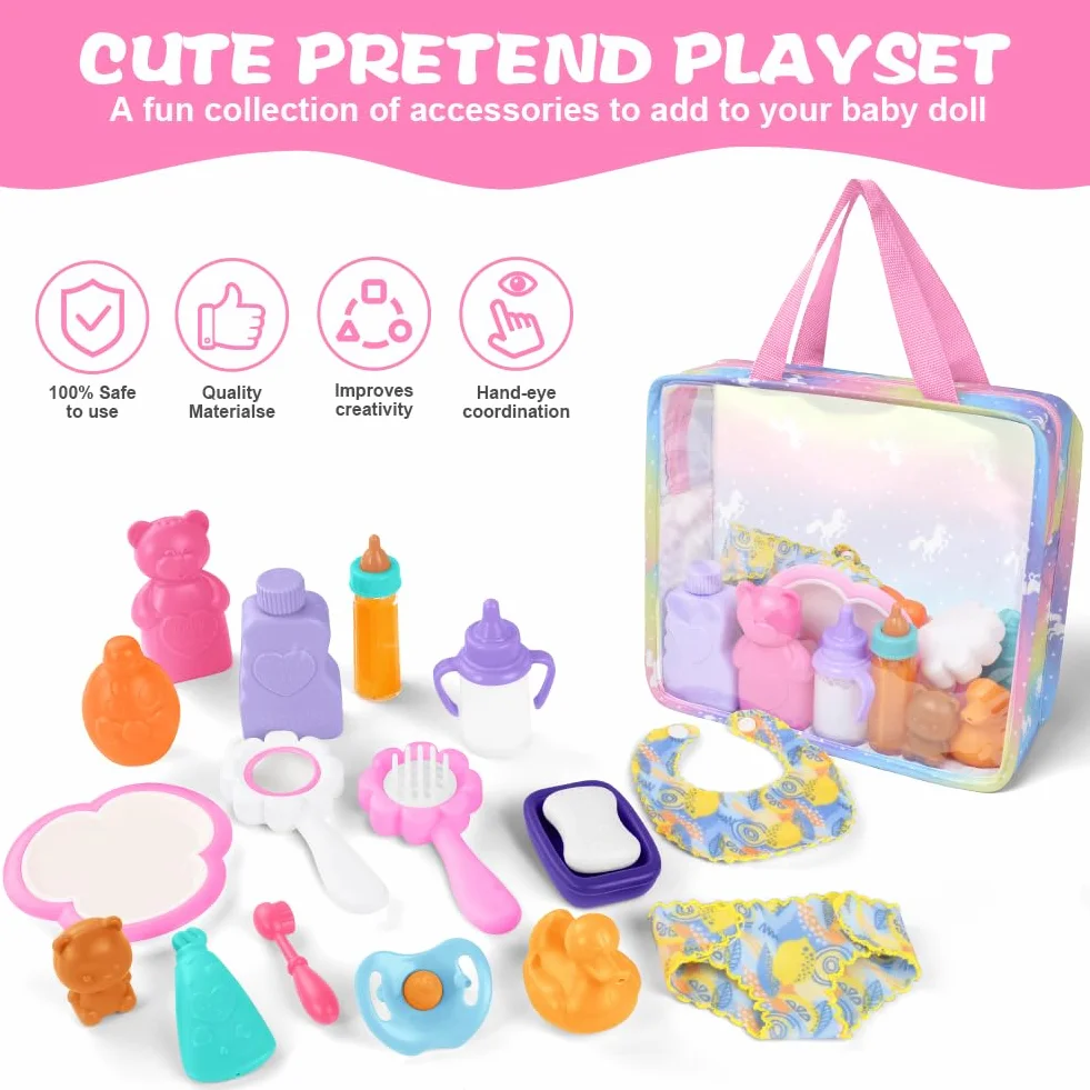Aolso 18PZ Accessori per Bambole, Biberon Magico per Bambini e Ciucci, Set di Piatti e Posate per Bambole, Set Accessori Bagno per Bambola, dal Momento della Pappa a Quello del Bagnetto, Idee Regalo