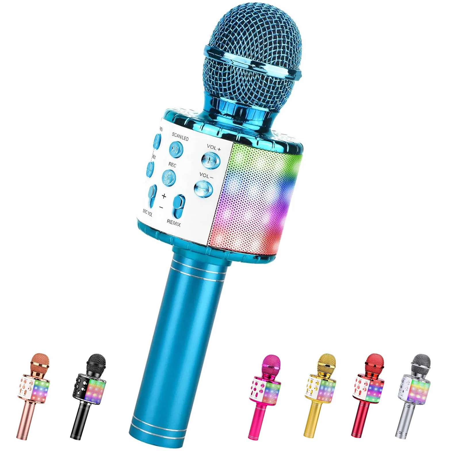 ShinePick Microfono Karaoke Bluetooth, Microfono Wireless Bambini, Portatile Microfono Giocattolo Cambia Voce per Bambini, Compatibile con Android/iOS, PC e Smartphone (Blu)