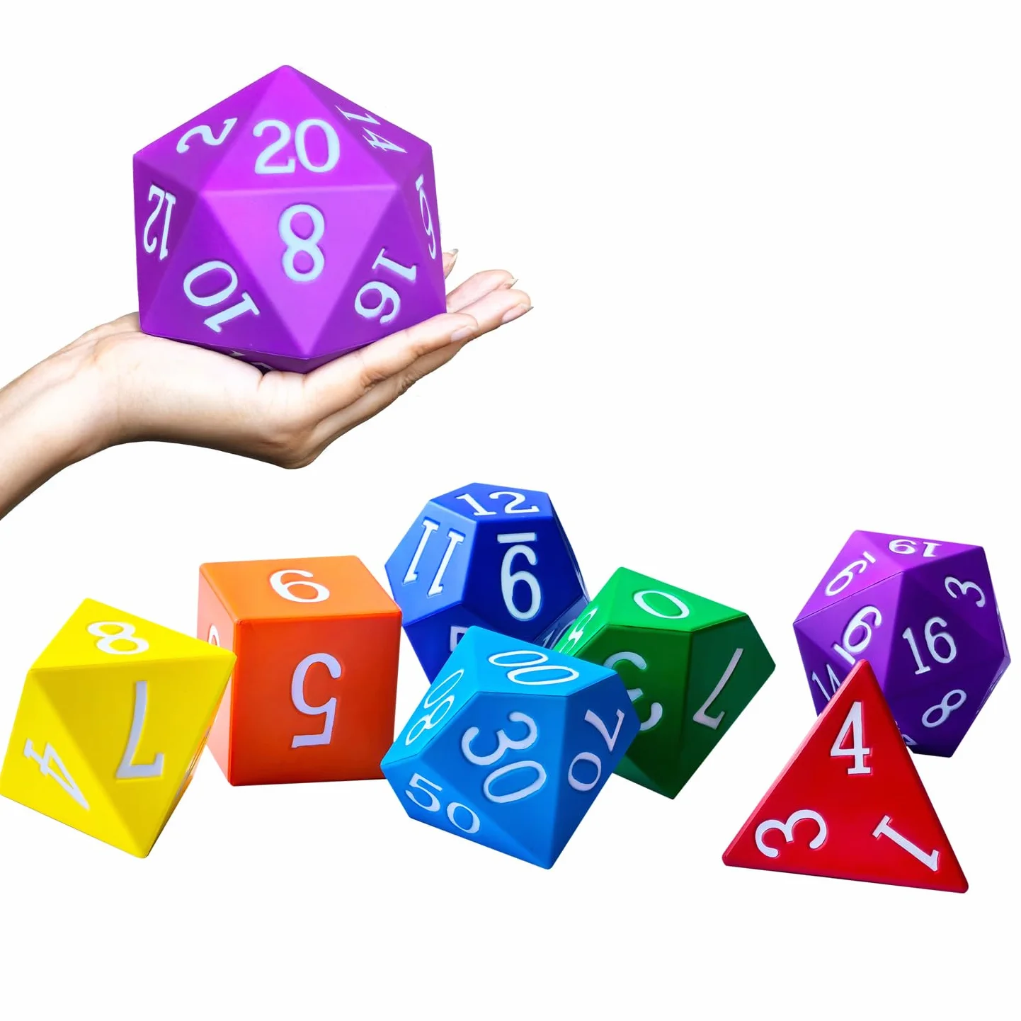 Set di 7 dadi poliedrici in schiuma Jumbo da 10 cm, grandi colori arcobaleno per giochi e risorse didattiche