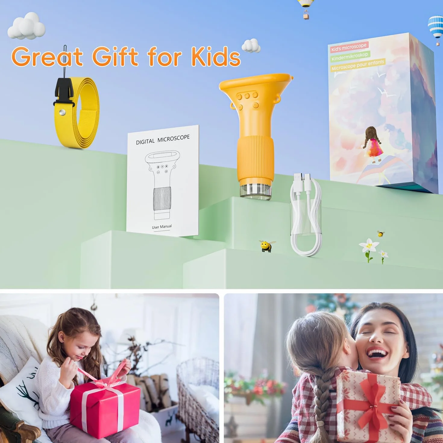 Microscopio per Bambini, SGAINUL Microscopio Digitale da 2.0‘’ Microscope Elettronico Portatile 1000X con 8 luci LED Regolabili, Adatto come regalo di Natale, Compleanno o Capodannodai 3 agli 8 anni