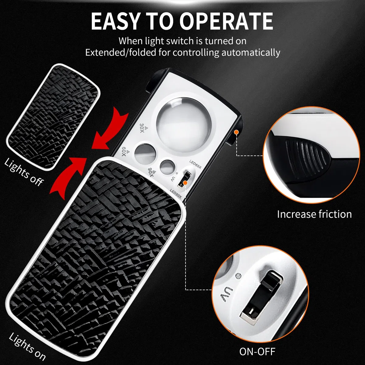 OS19 OS19 - Ingranditore Lente d'ingrandimento tascabile estraibile, 30x, 60x, 90x, con luce LED UV, portatile, per gioielli, diamanti, gemme, monete, francobolli, rocce, piante, casa, ufficio