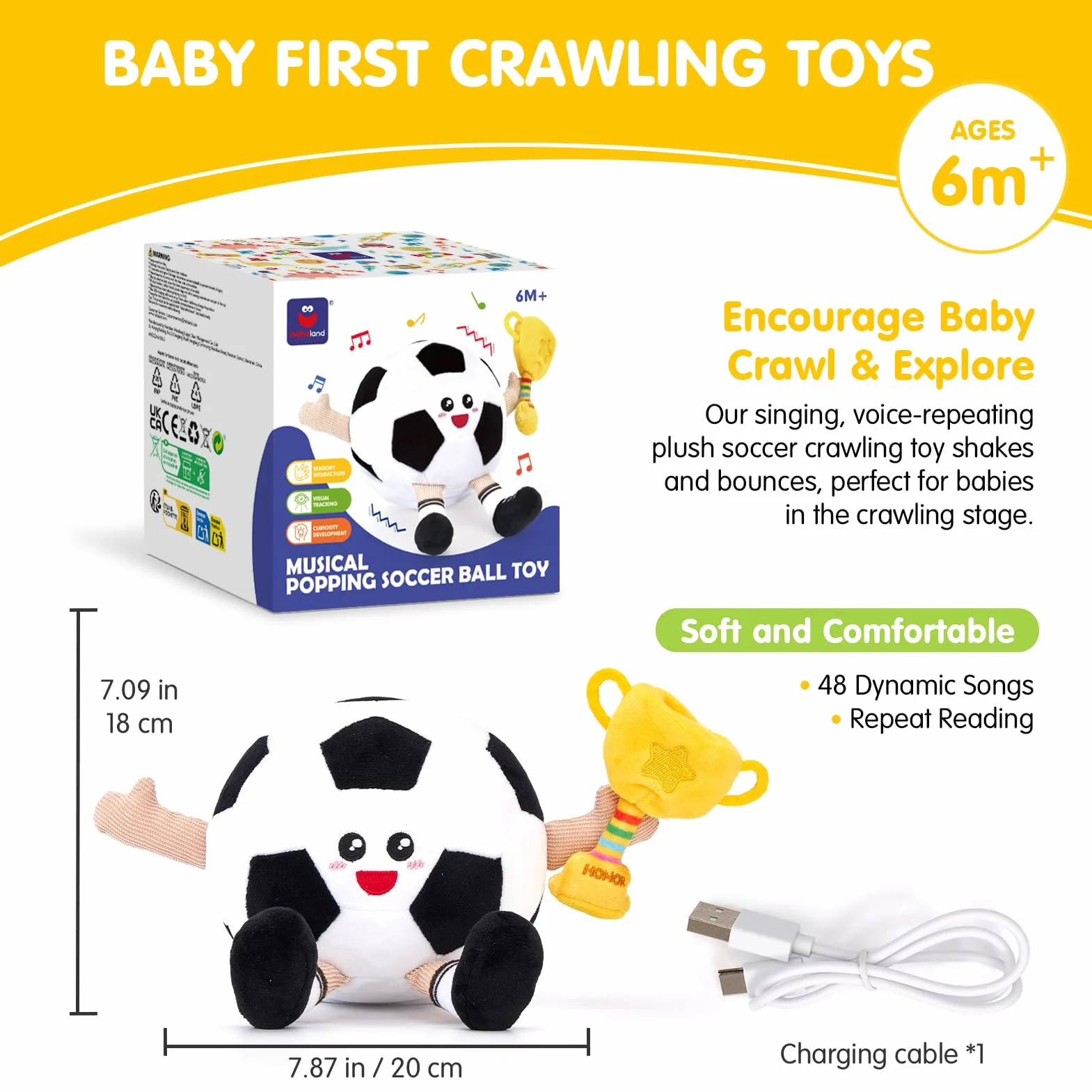 hahaland Giochi Neonato 3 6 9 Mesi, Peluche Calcio Giocattolo Interattivo con Musica e Registrazioni, Gattonare Giochi Regalo Bambini 1 Anno