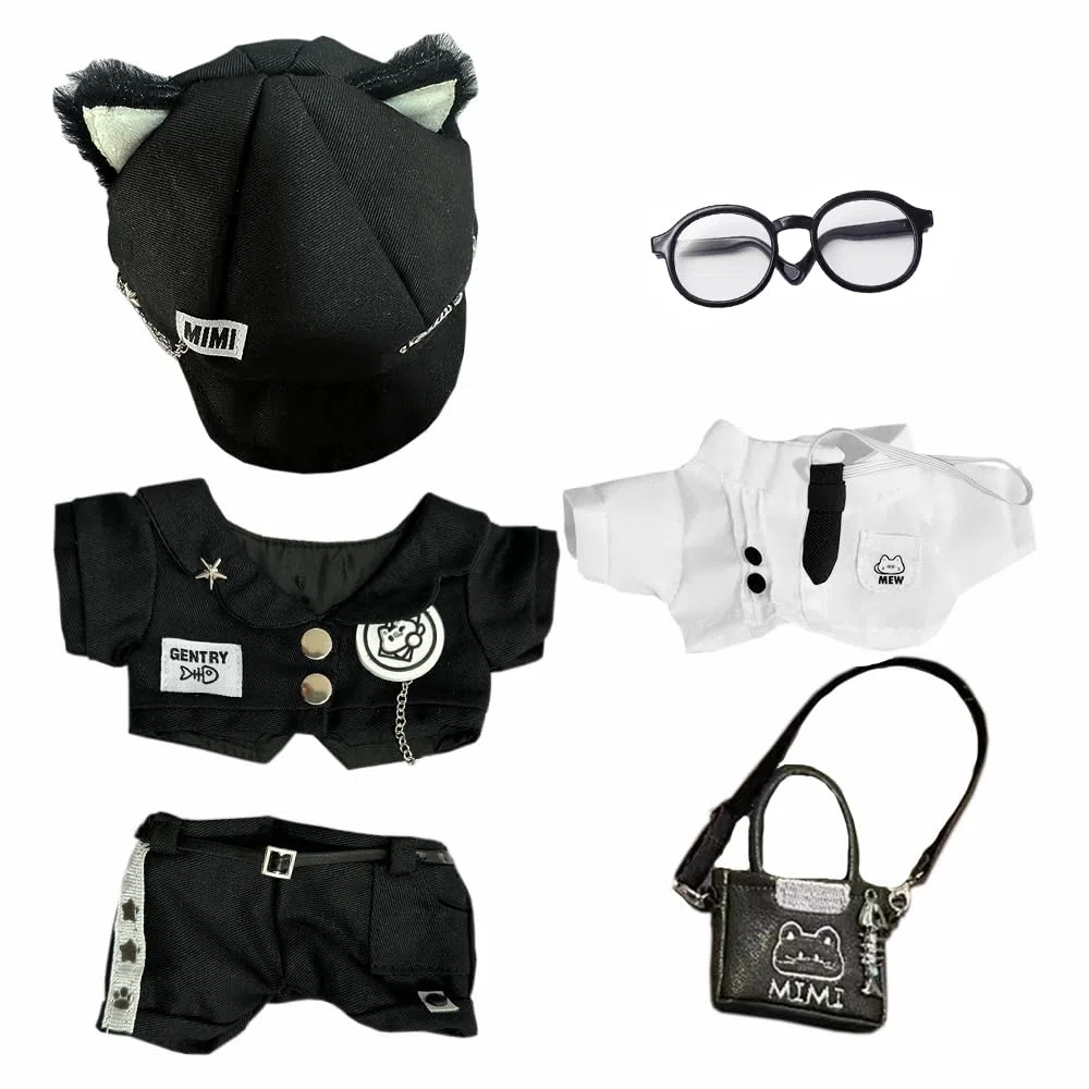 niannyyhouse 20 cm Peluche Bambola Vestiti Cappello Cappotto Camicia Pantaloni Zaino Occhiali Gatto Nero Set 8 pollici Bambola Accessori Vestire