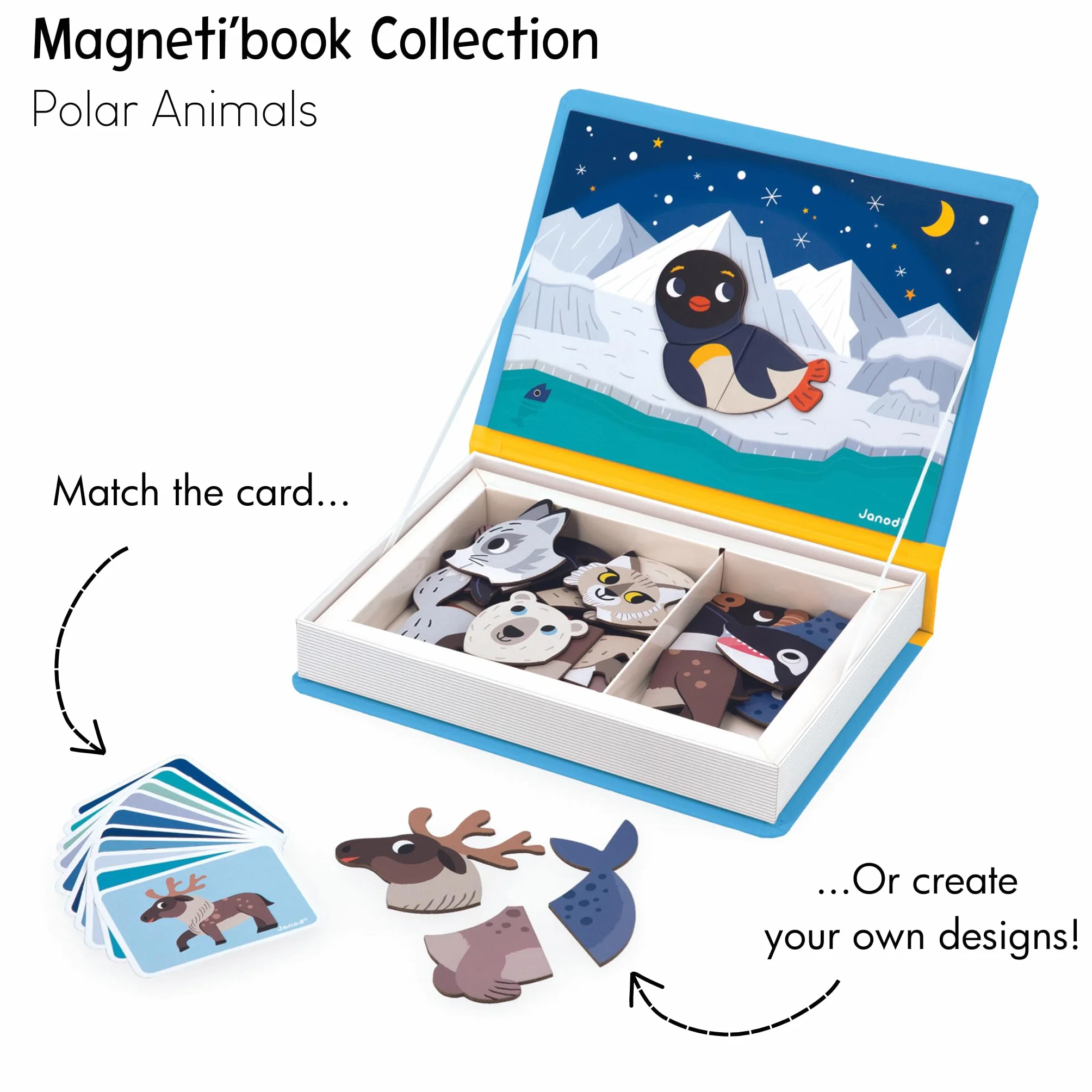 Janod - Magnéti'book Animali Polari - Gioco Educativo Magnetico 30 Calamite + 10 Modelli - Giocattolo per Bambini in Cartone FSC - Sviluppa Le Abilità Fino-Motorie e l'Immaginazione - dai 3 Anni