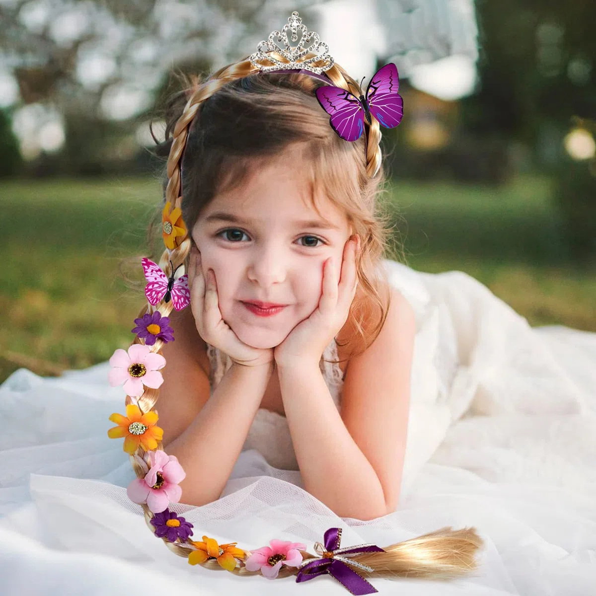 vamei Principessa Parrucca Bambina Parrucche Treccia con Diadema Farfalla Spilla Vestito Principessa Accessori per Bambini Ragazza Cosplay Carnevale Halloween Festa di Compleanno