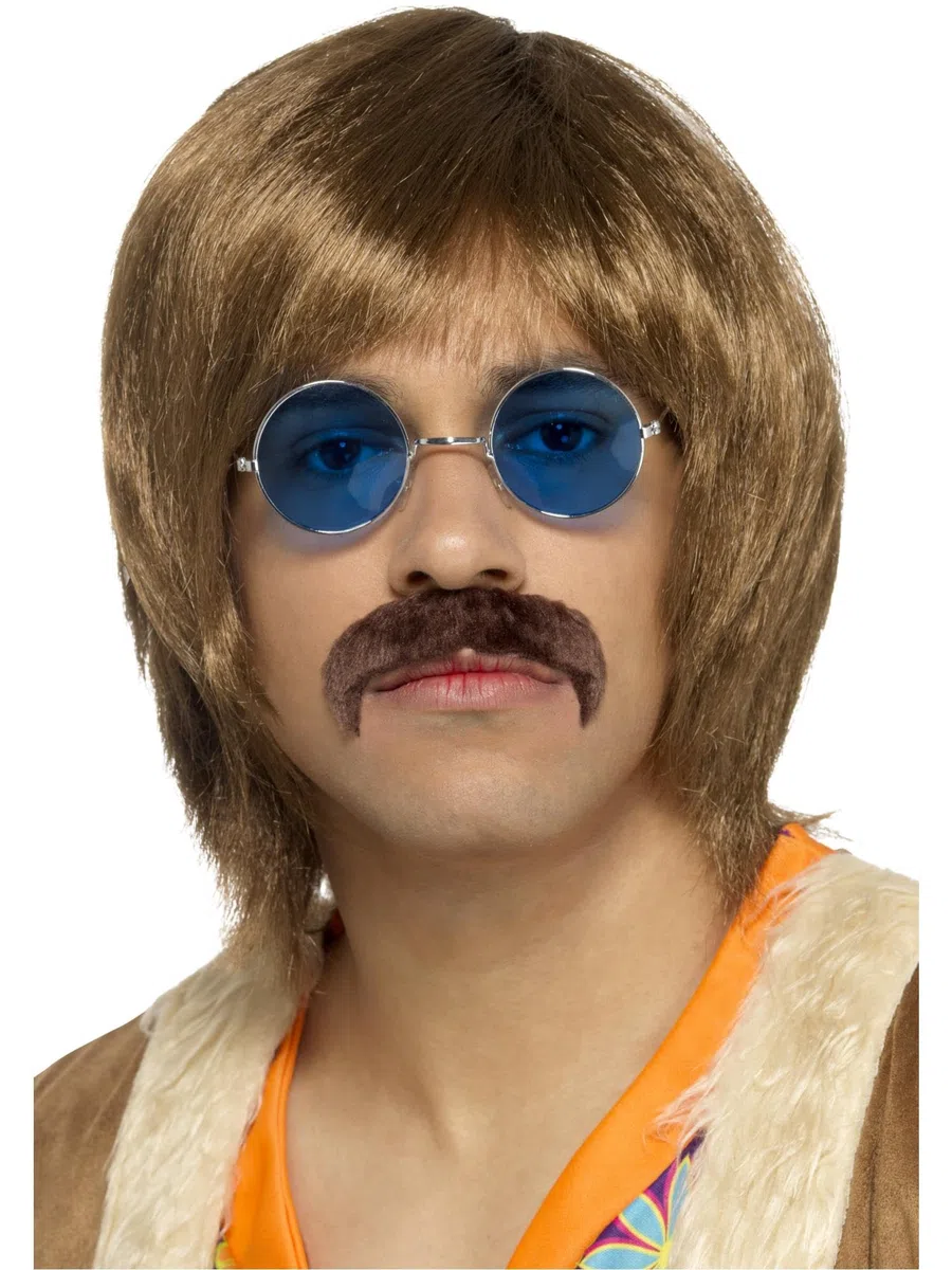 Smiffys Kit Hippie anni '60, marrone, con parrucca, baffi e occhiali da hippie Halloween