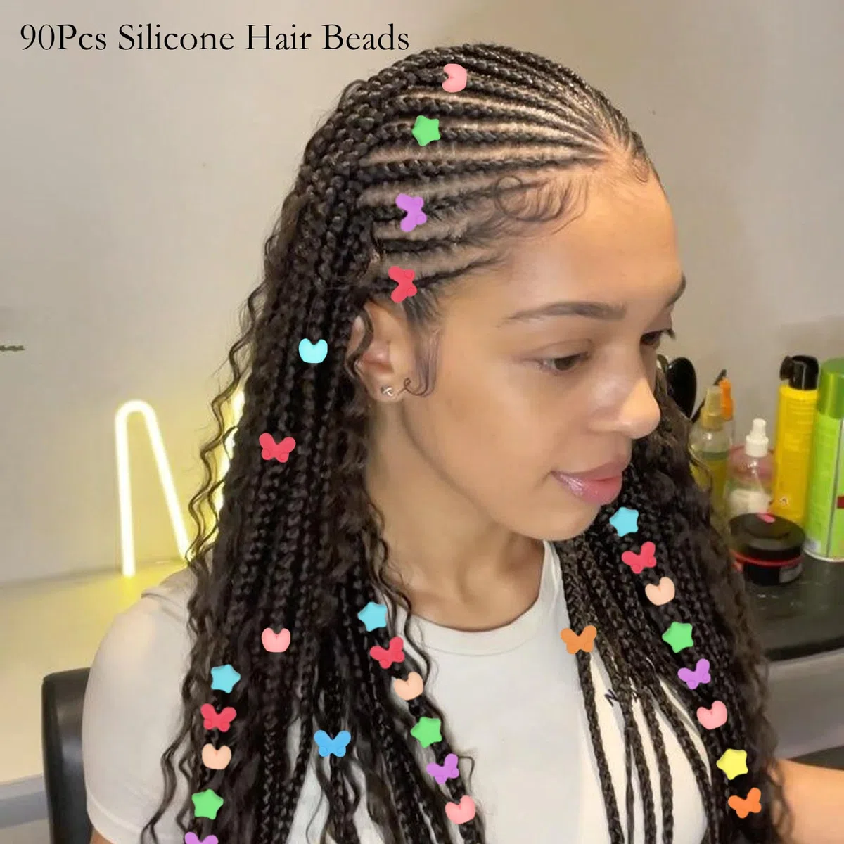 90 perline in silicone per capelli per bambine e ragazze, perline colorate in pony, accessori per capelli da donna lavabili, 10 colori, farfalle, cuori e stelle.