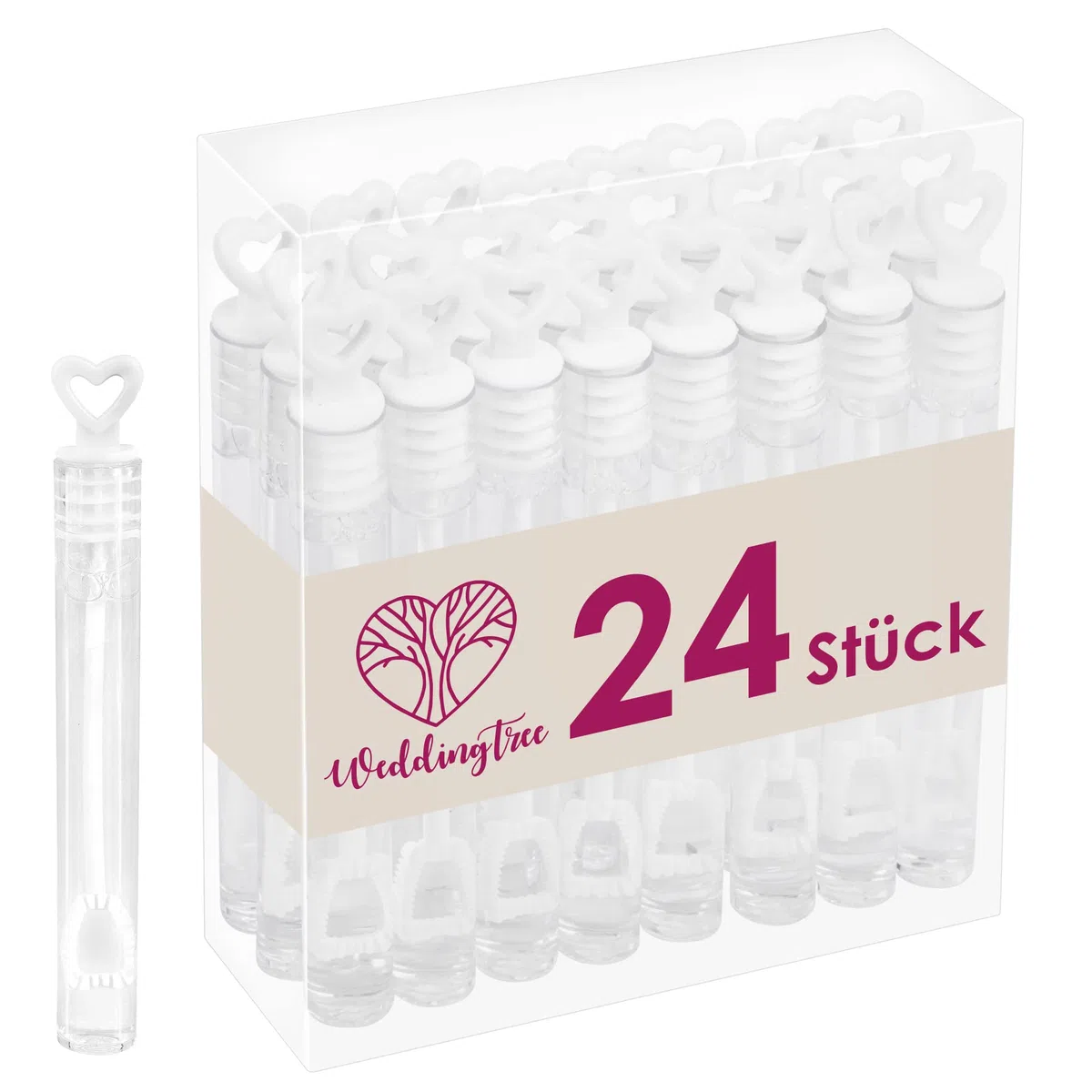 WeddingTree Bolle di Sapone per Matrimonio 24 Flaconcini con Manico a Cuore | Idea Originale per Compleanno, Fidanzamento, San Valentino, Battesimo, Comunione | Wedding Bubbles