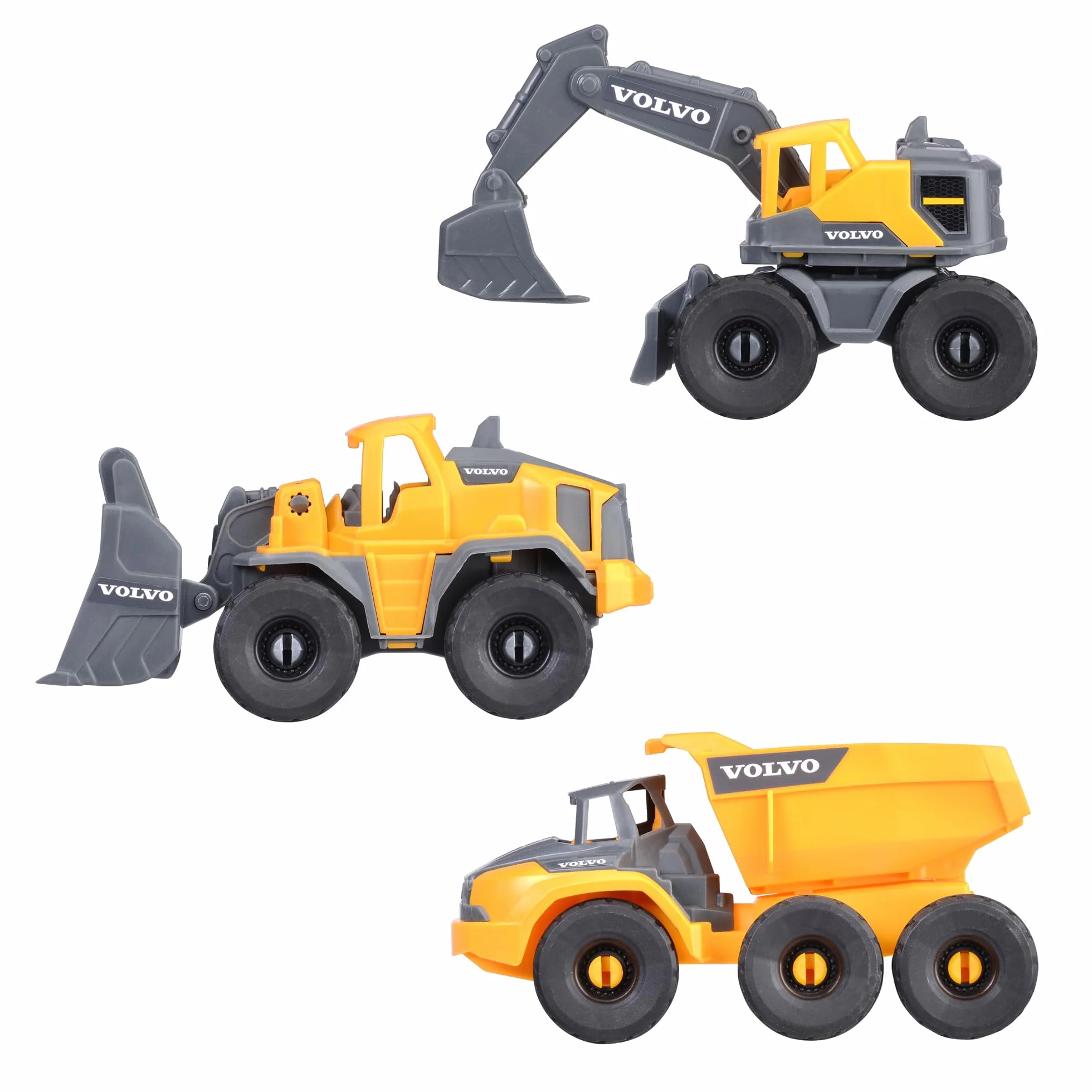 Dickie Toys - Veicoli da cantiere Volvo a partire dai 3 anni (3 pezzi) – Set da costruzione con 3 auto giocattolo (escavatore, pale gommate, camion ribaltabili) per bambini, 16 cm, auto con ruota