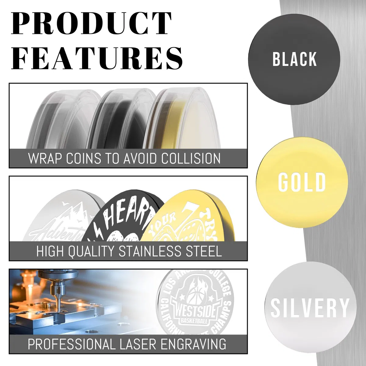 10-100 monete personalizzate in metallo per 3 colori, moneta Flip to Challenge personalizzata, incisione laser con foto/logo/testo, regalo commemorativo per fidanzato, fidanzata, marito, moglie