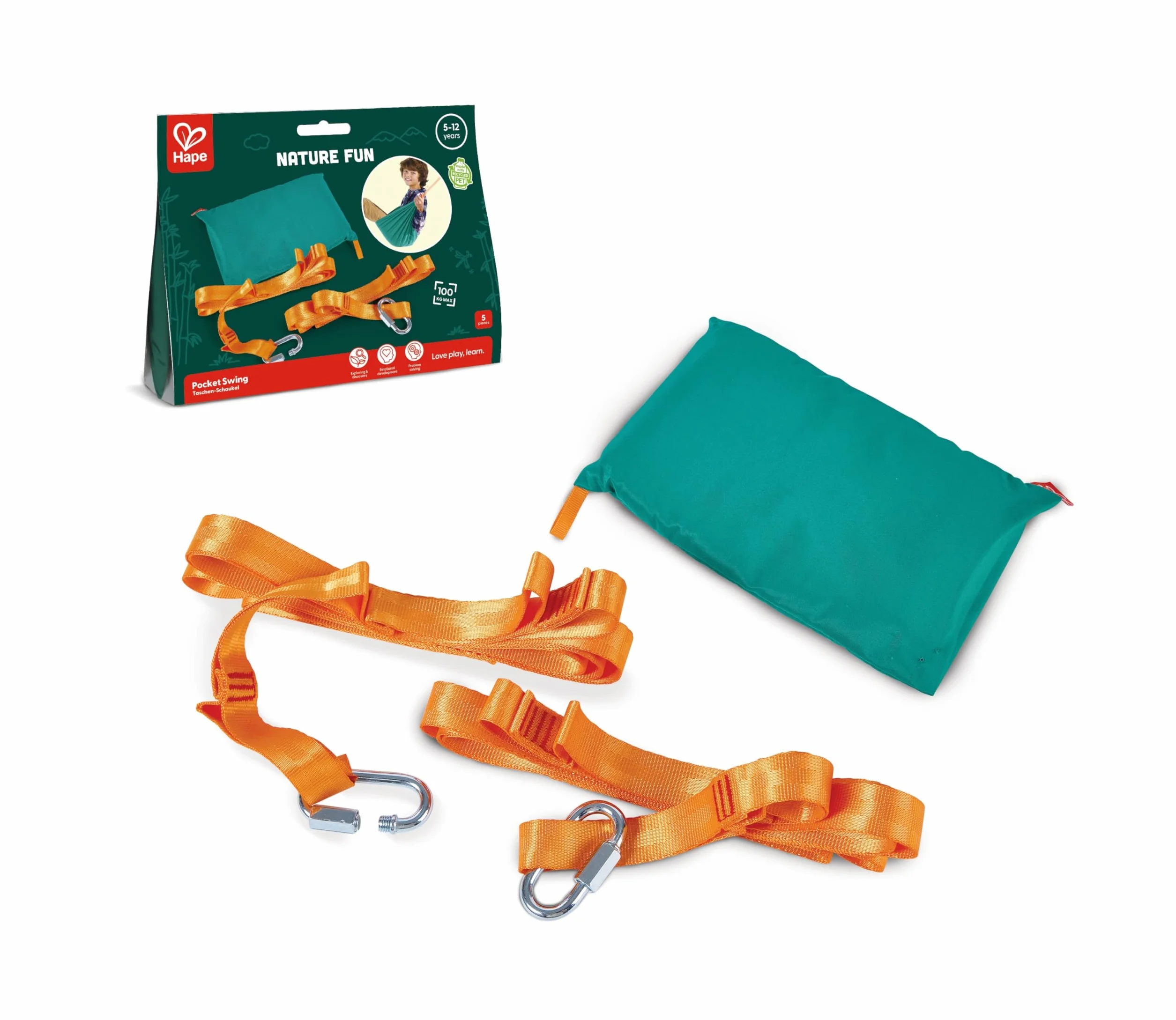 Hape Nature Fun - Amaca tascabile per bambini dai 5 anni e adulti fino a 100 kg - Altalena per alberi con aggancio facilitato