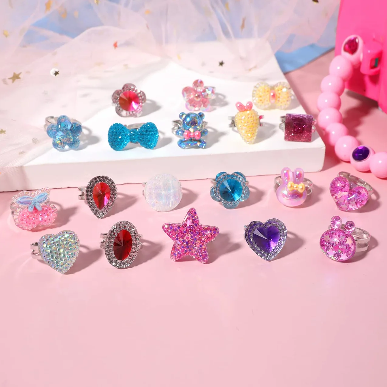 PinkSheep Little Girl Jewel Rings in Box, Adjustable, No duplication, Girl Pretend Play and Dress Up Rings (30 Jewel Ring)