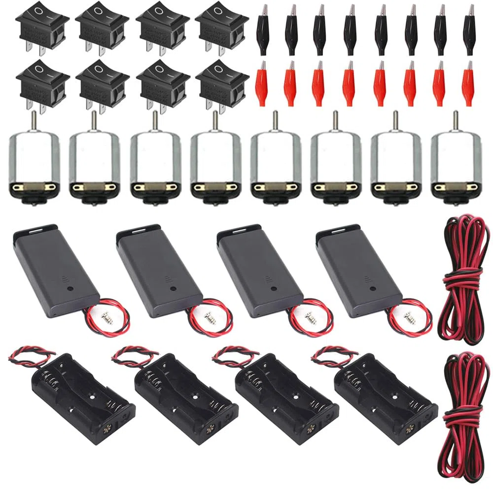 GTIWUNG 8Pcs DC Mini Motore Elettrico Rettangolare 1.5-6V 15000RPM con 8xInterruttore a Bilanciere +8 xAA Motore Porta Batteria+16 xCoccodrillo Clip+2 xFilo Elettronico 1m