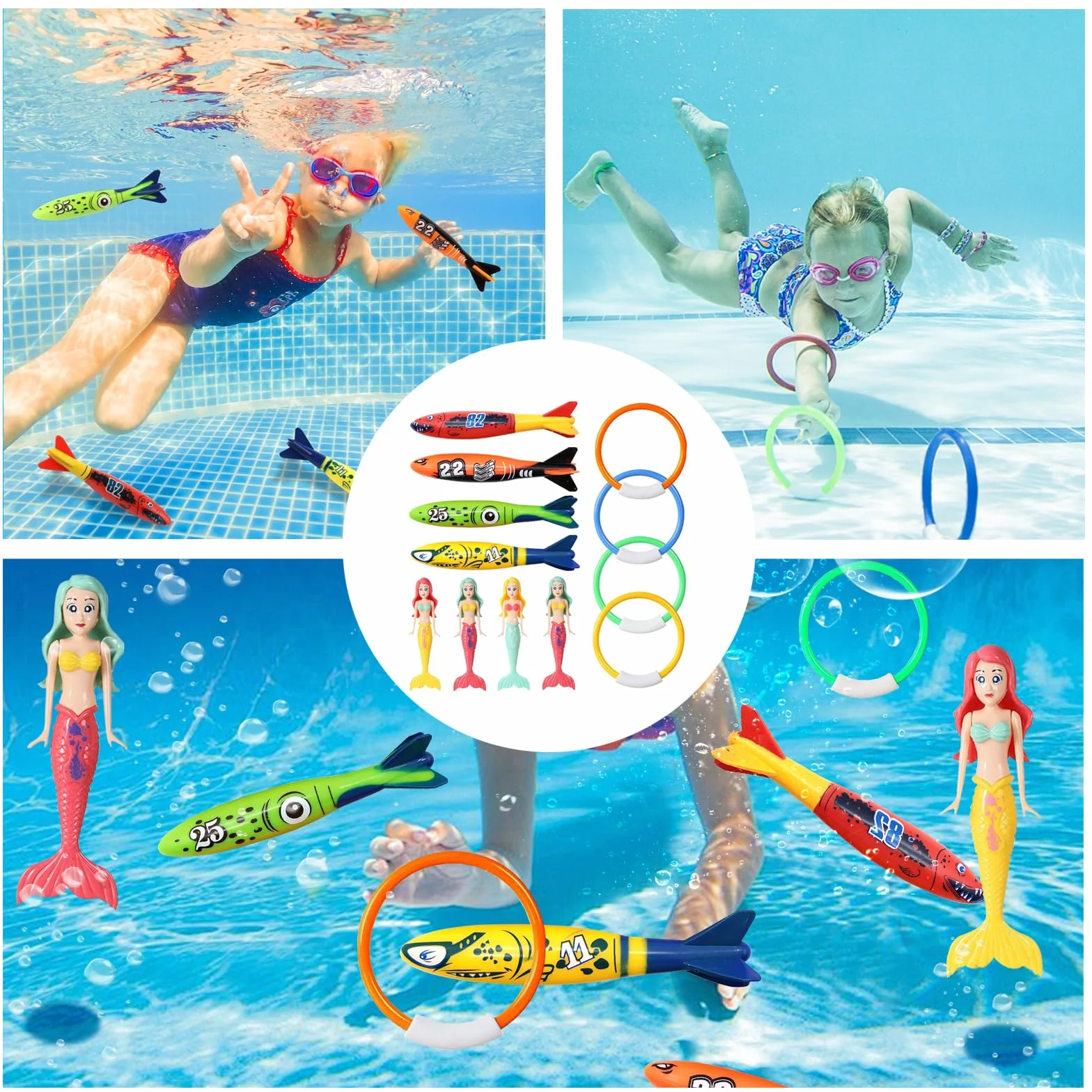 Set di giocattoli per immersioni subacquee, 12 pezzi, anelli per immersioni per bambini dai 4 ai 12 anni, siluri colorati e set di sirene subacquee, regalo per festa di piscina estiva per